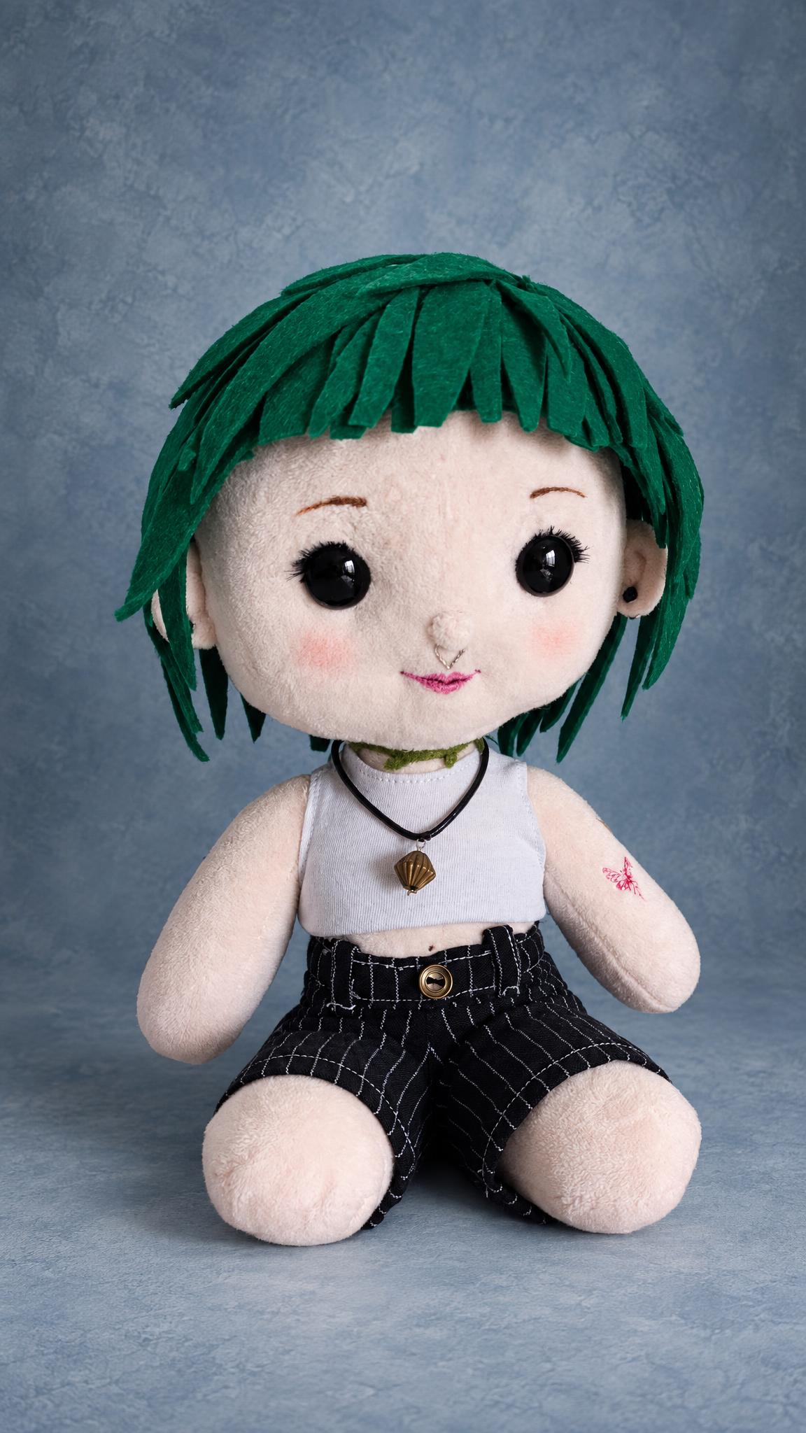 Look-alike plush doll of a girlfriend in a short green felt wig, handmade to order with a bronze pendant