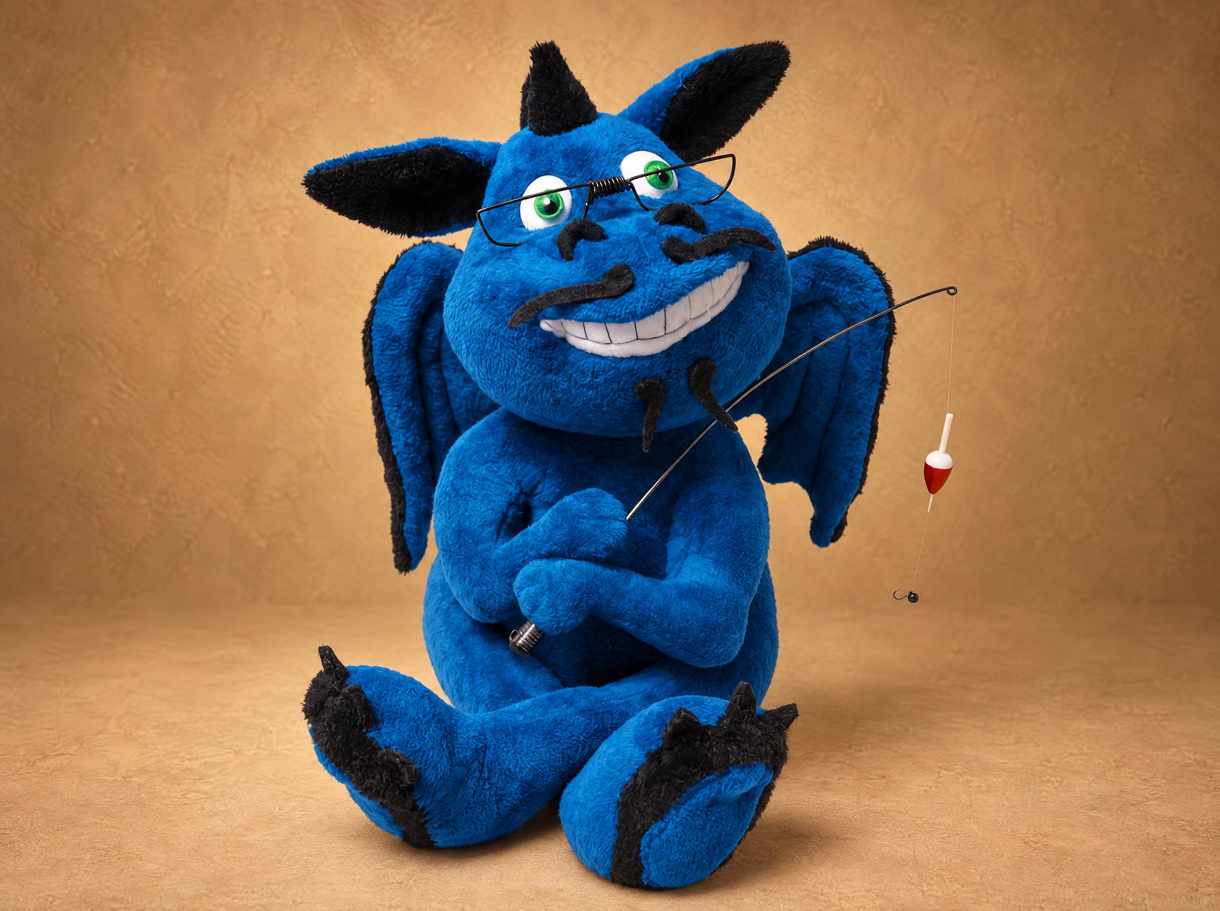 Look-alike dragon plush made to order as a gift for a fisherman: wire glasses, moustache and a fishing rod