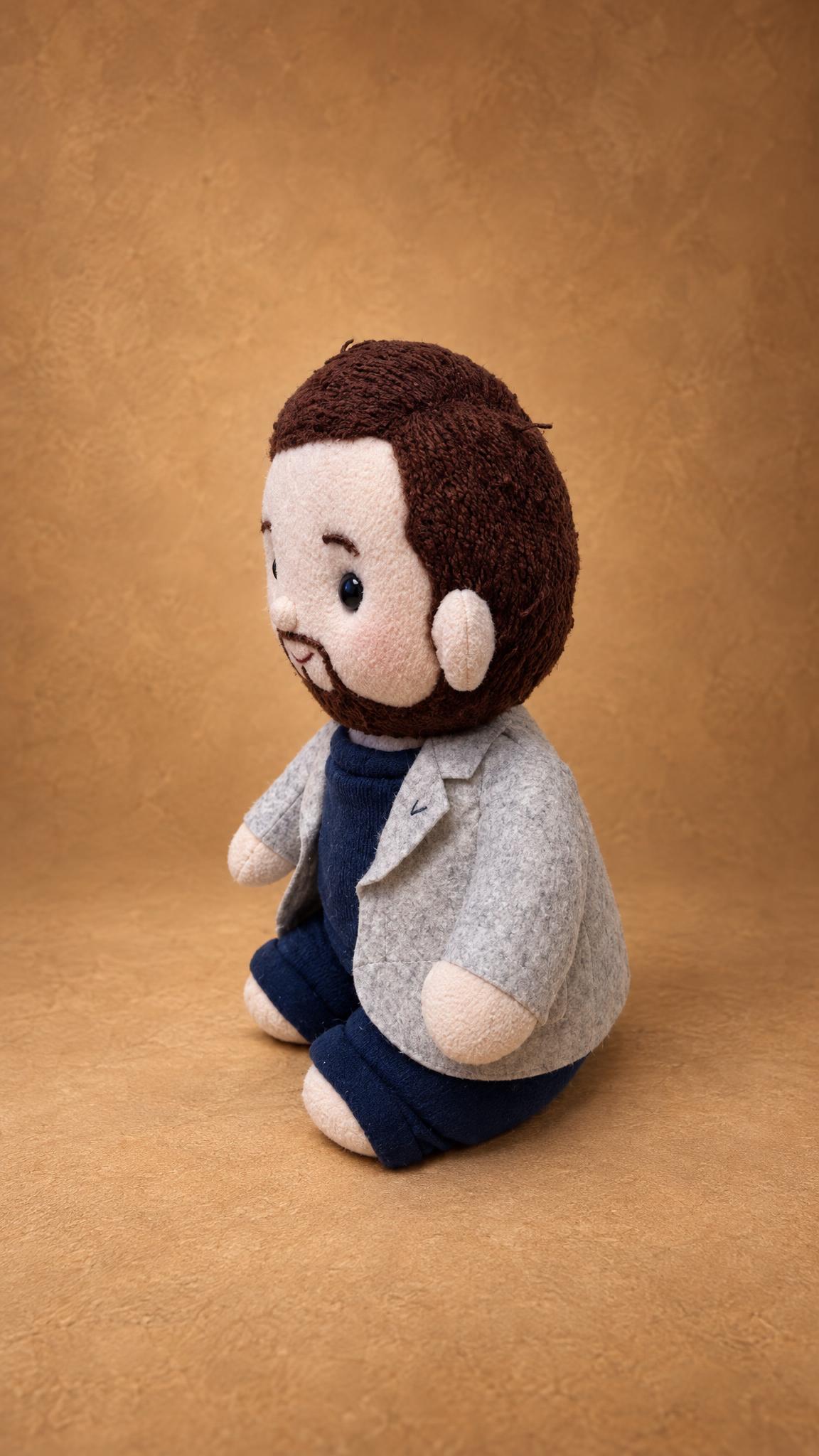 Custom doll that looks like him: brown beard, grey blazer and navy cuffs, sitting, sewn to order