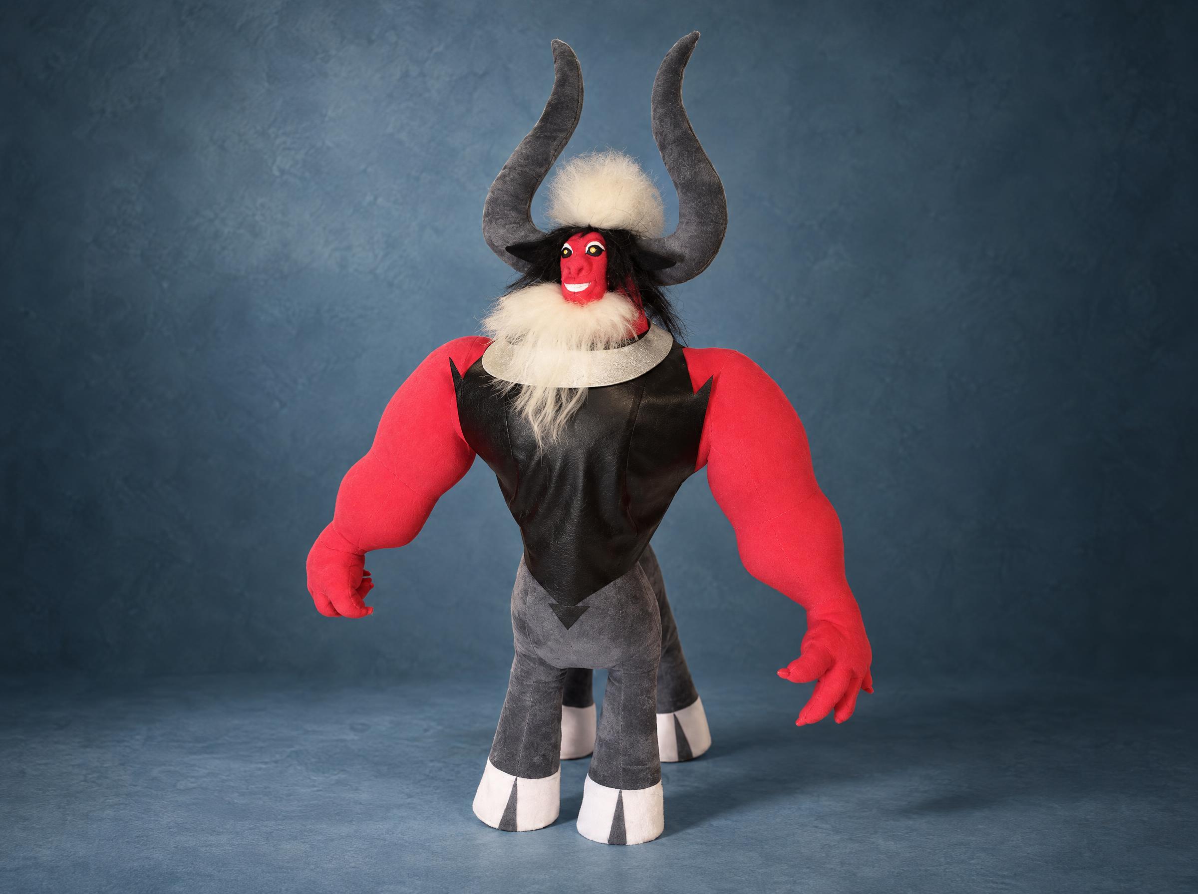 Lord Tirek plush from My Little Pony, red centaur with grey horns, white beard and black vest, sewn to order