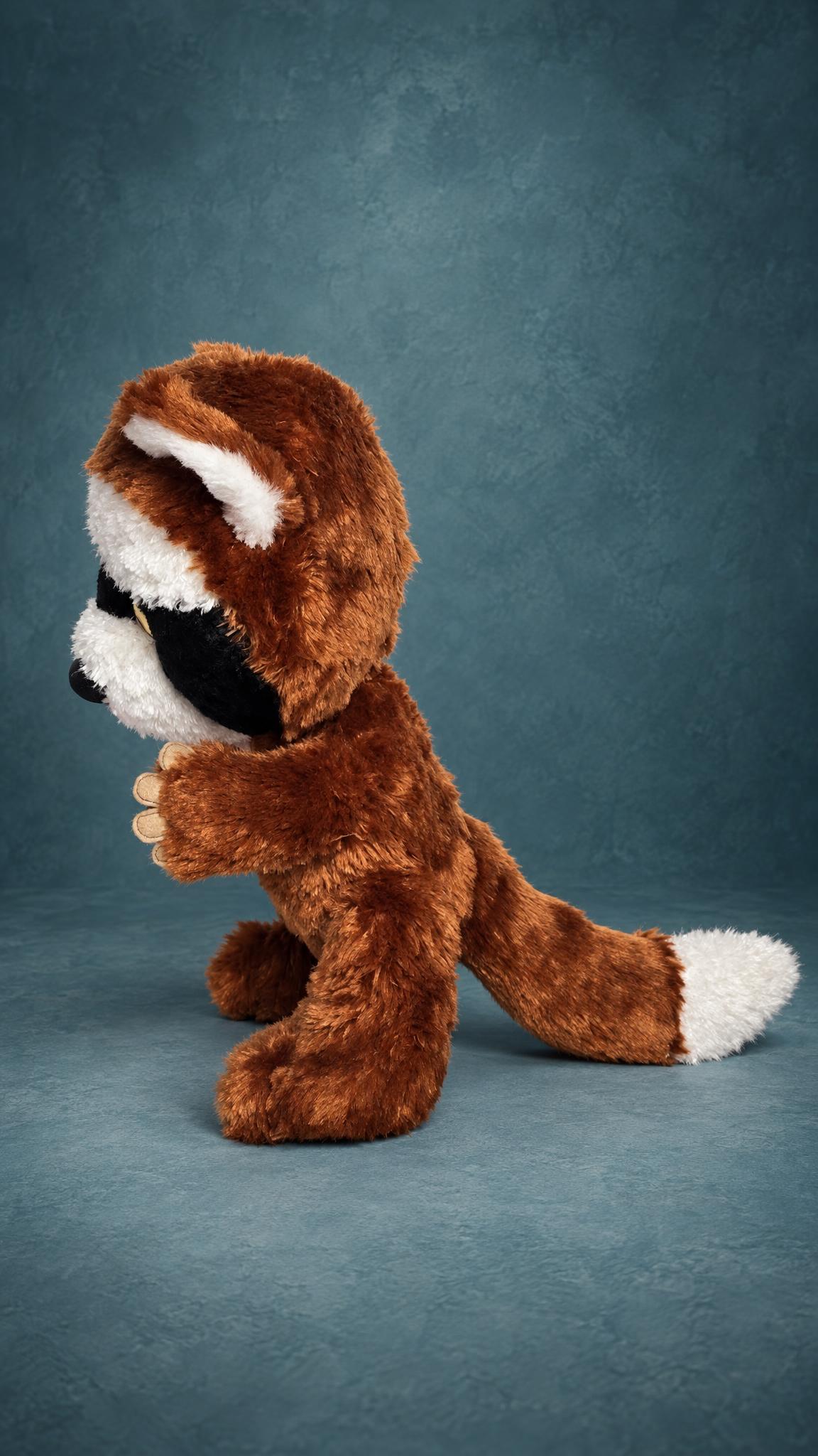 Lost stuffed animal replica: handmade raccoon plush with chestnut fur and a long bushy tail with a white tip