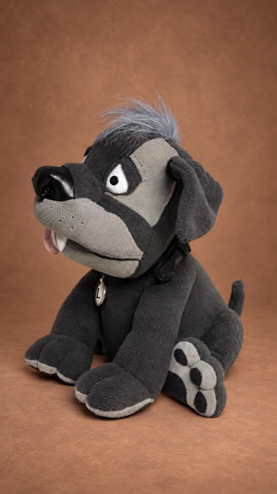 Handmade Lou dog plush prototype sewn to order from drawings: charcoal body, gray muzzle, short upright tail
