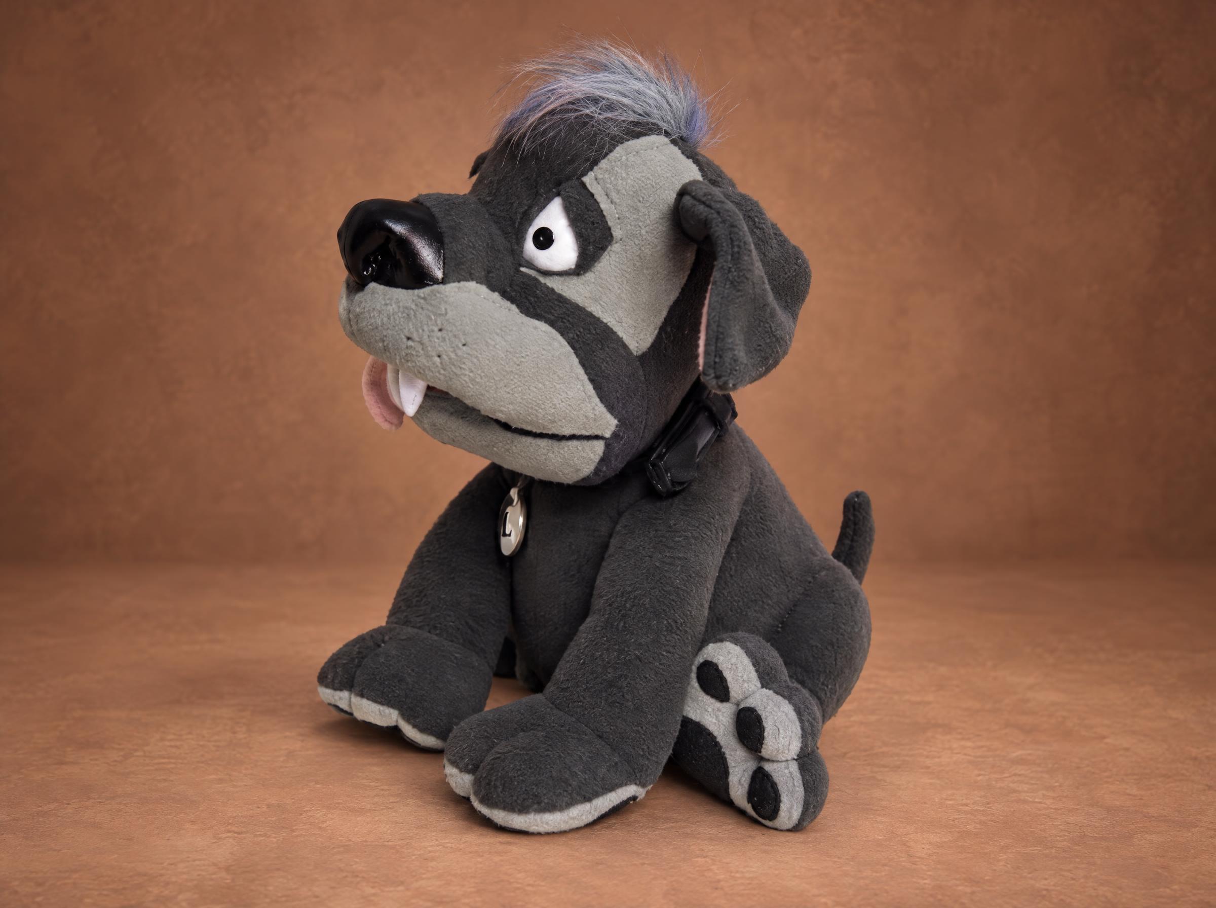 Lou Dog Plush Prototype, Handmade Handmade Lou dog plush prototype sewn to order from drawings: charcoal body, gray muzzle, short upright tail