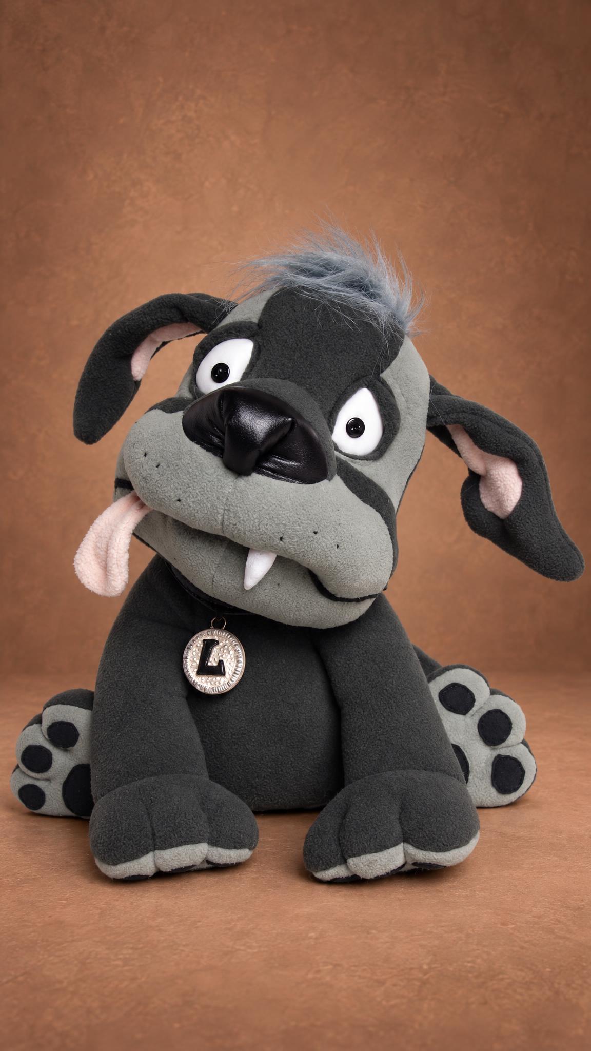 Lou the Dog custom character plush, made to order from an animator's drawings: gray cartoon dog, tongue out