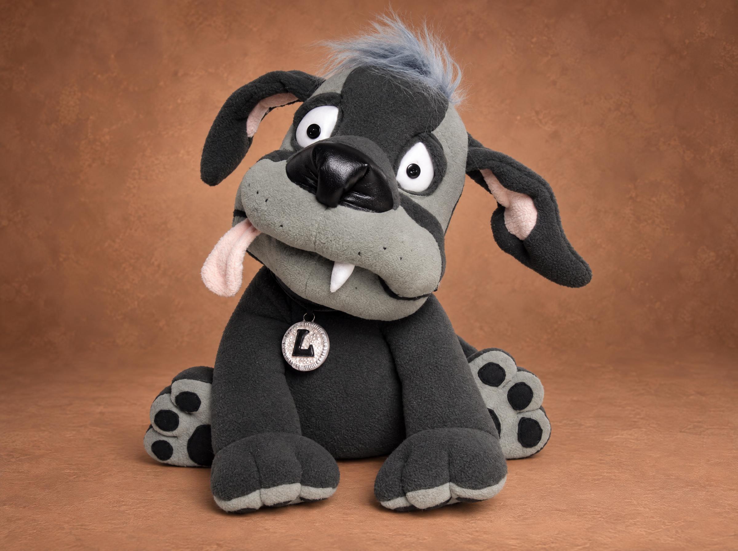 Lou the Dog custom character plush, made to order from an animator's drawings: gray cartoon dog, tongue out