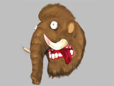 Concept drawing for the custom plush mammoth head Our concept drawing for the plush mammoth head, 2012: shaggy woolly mammoth with googly eyes and a red tongue