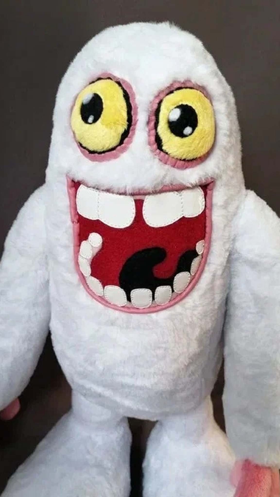 Mammott plushie from My Singing Monsters with a wide grin and stitched teeth, sewn by hand to order