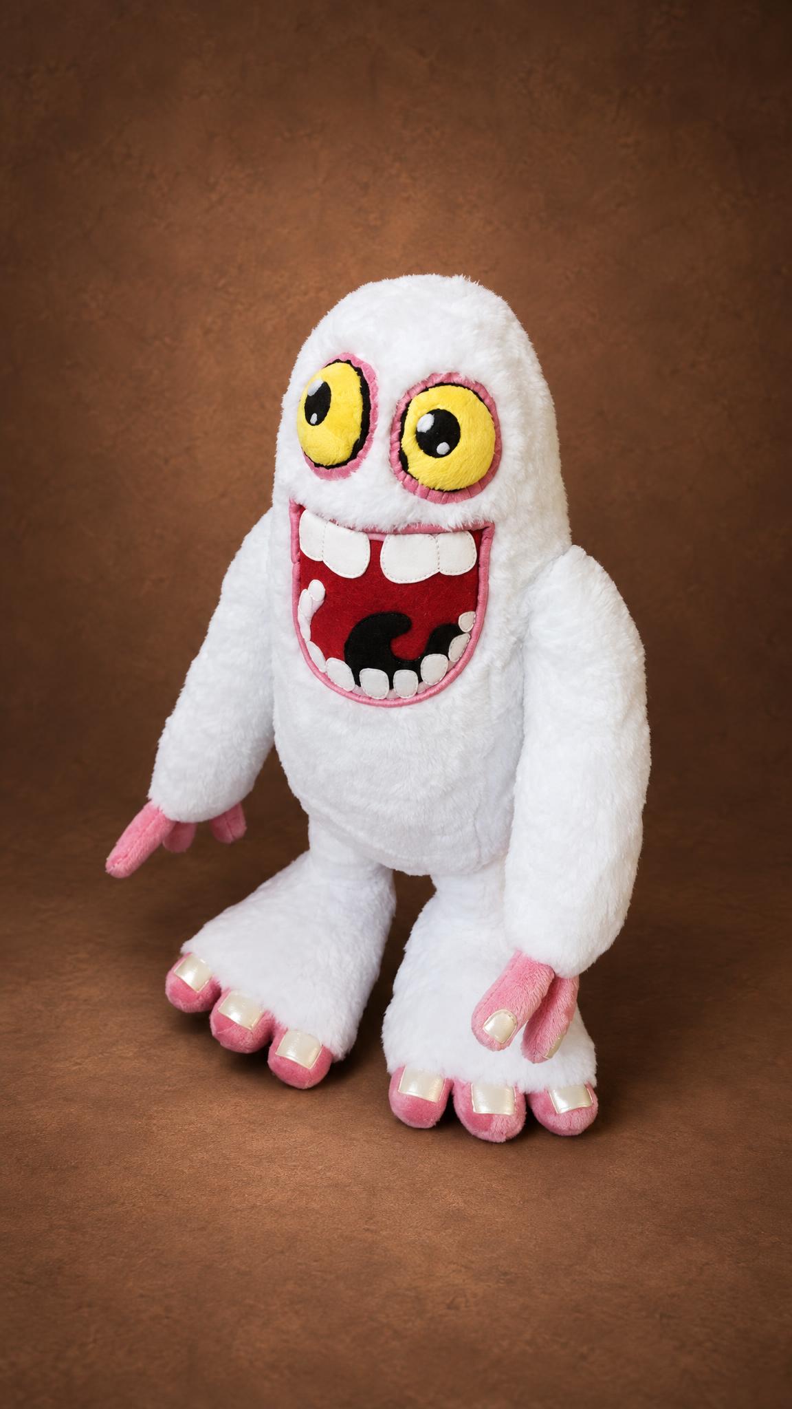Mammott plush from My Singing Monsters in shaggy white faux fur with yellow eyes, handmade to order