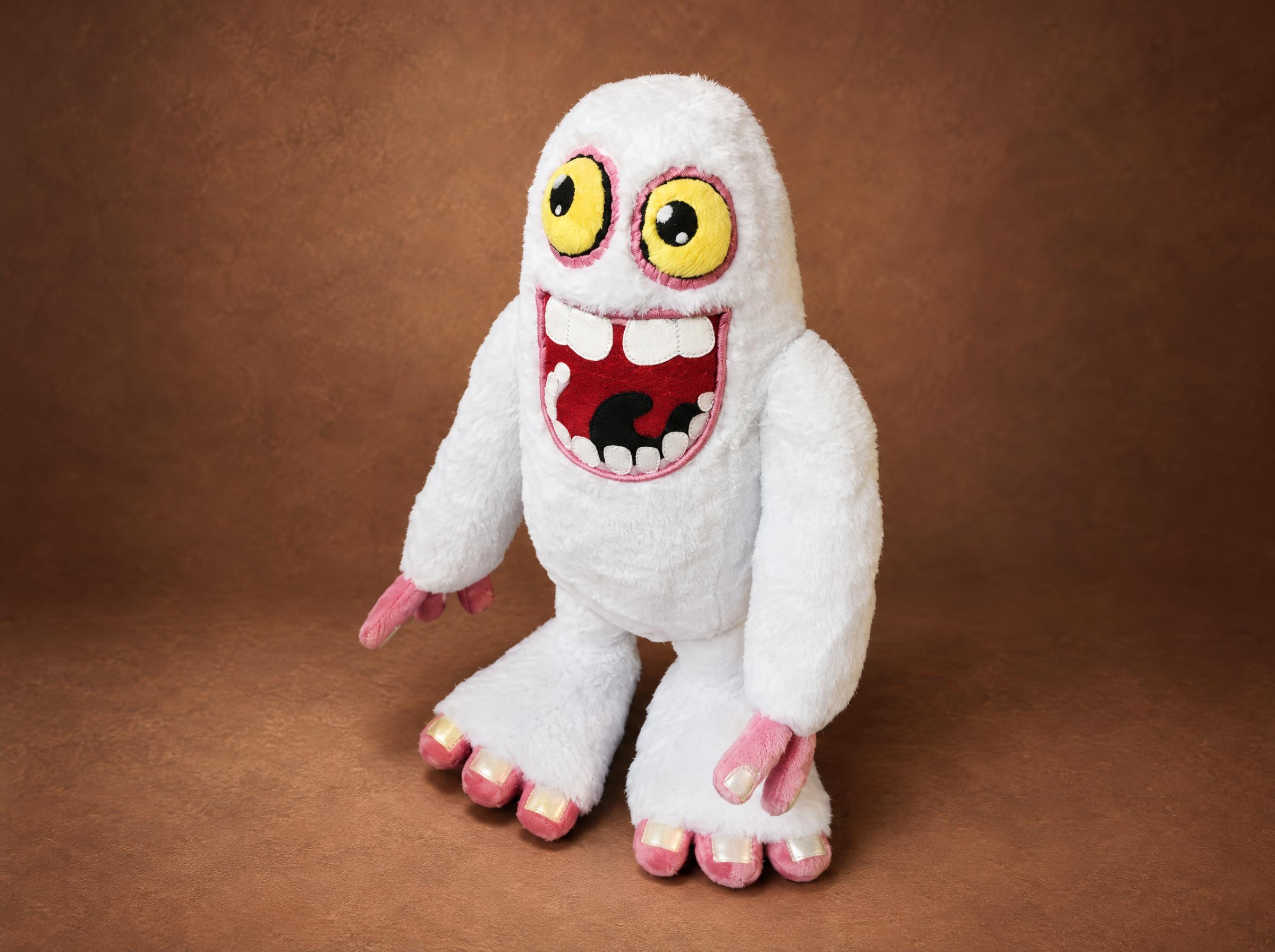 Custom Mammott plush from My Singing Monsters, sewn to order in white faux fur with yellow eyes and a toothy grin
