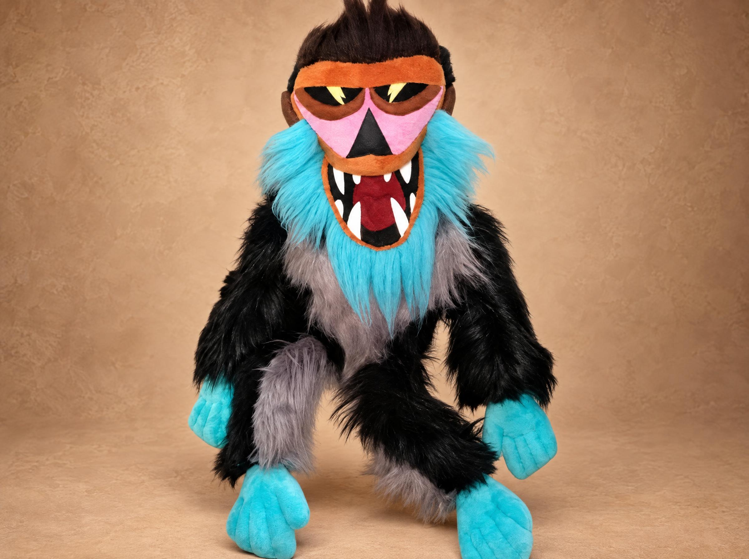 Custom mandrill mascot plush made to order, black fur, blue beard, pink face and teal hands and feet