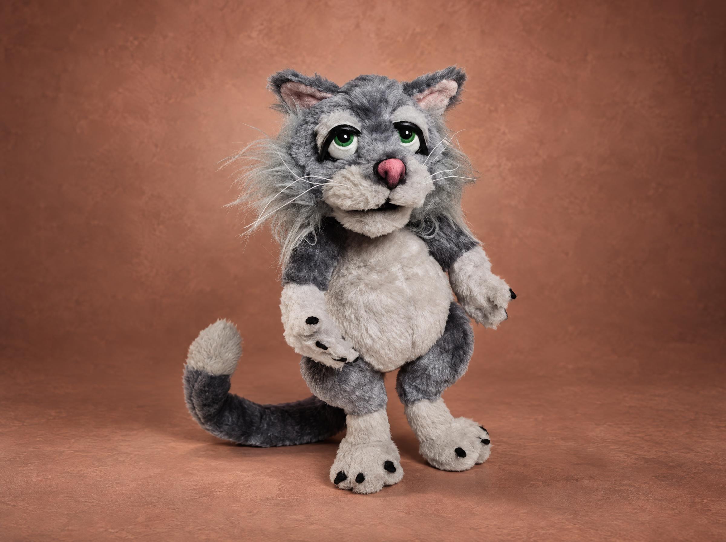 Marion the cat plush from Mongrels, grey faux fur with green eyes and a pink nose, a puppet-style toy sewn to order