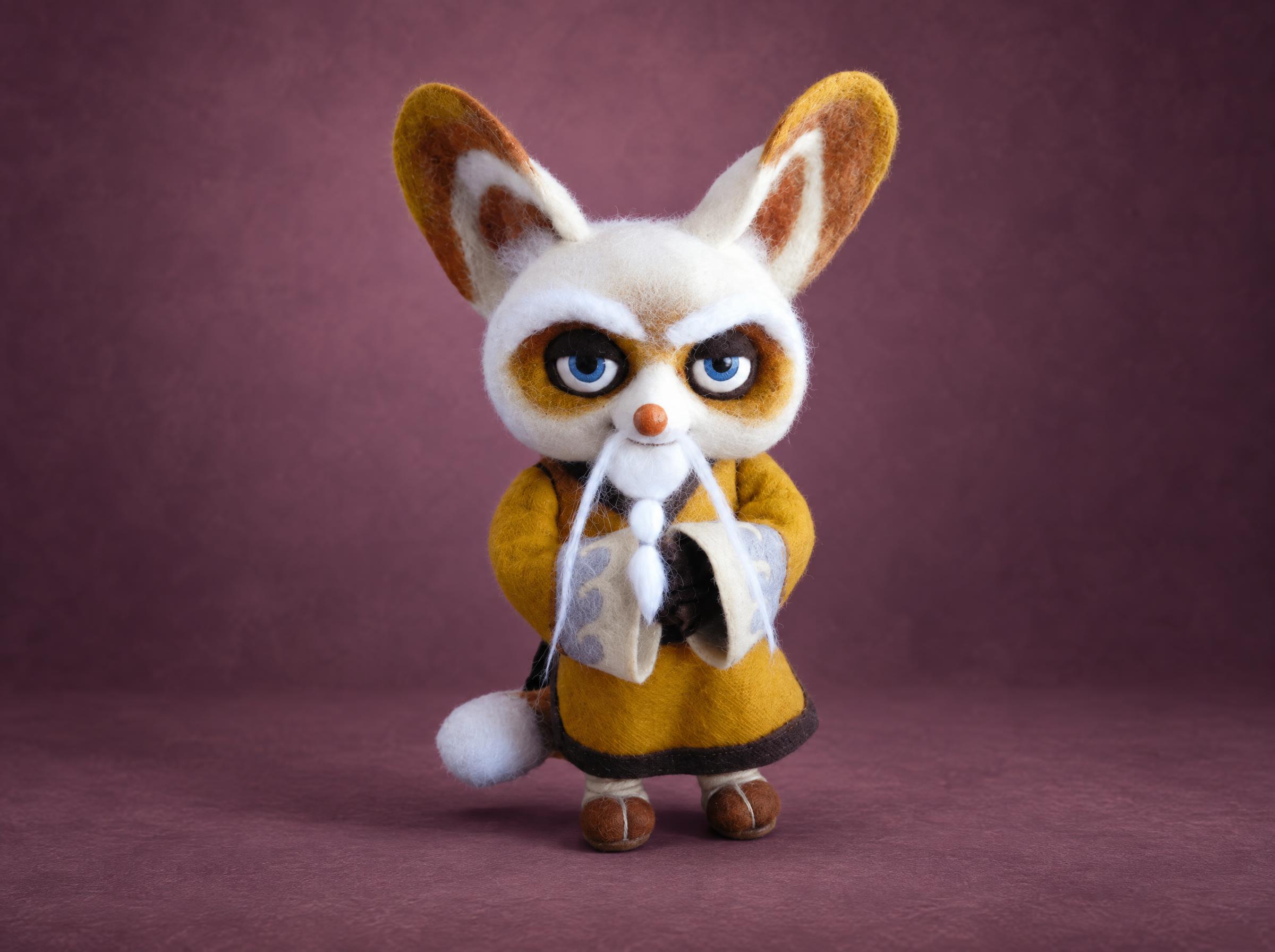 Handmade Master Shifu plush from Kung Fu Panda, needle-felted to order with a long white beard and gold robe