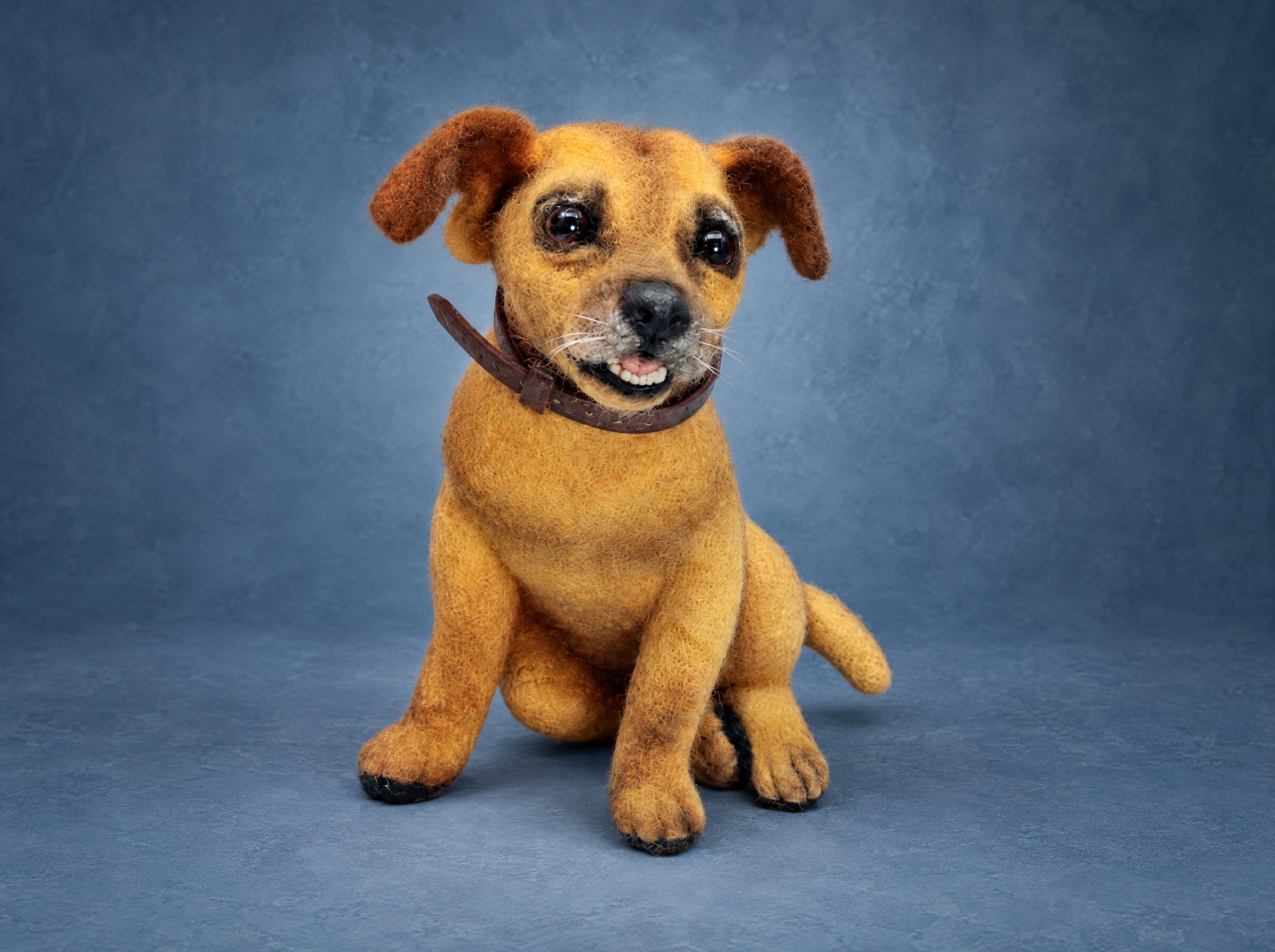 Memorial pet plush made to order from photos: needle-felted golden dog with brown ears and a leather collar
