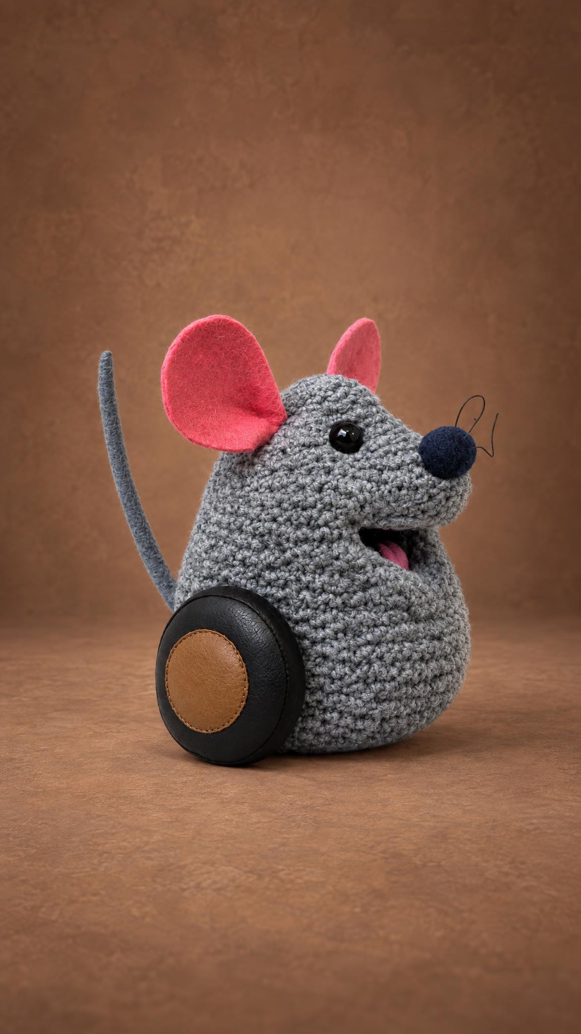 Mew the Christmas Toy mouse, handmade to order: soft grey body, pink felt ears, black wheel