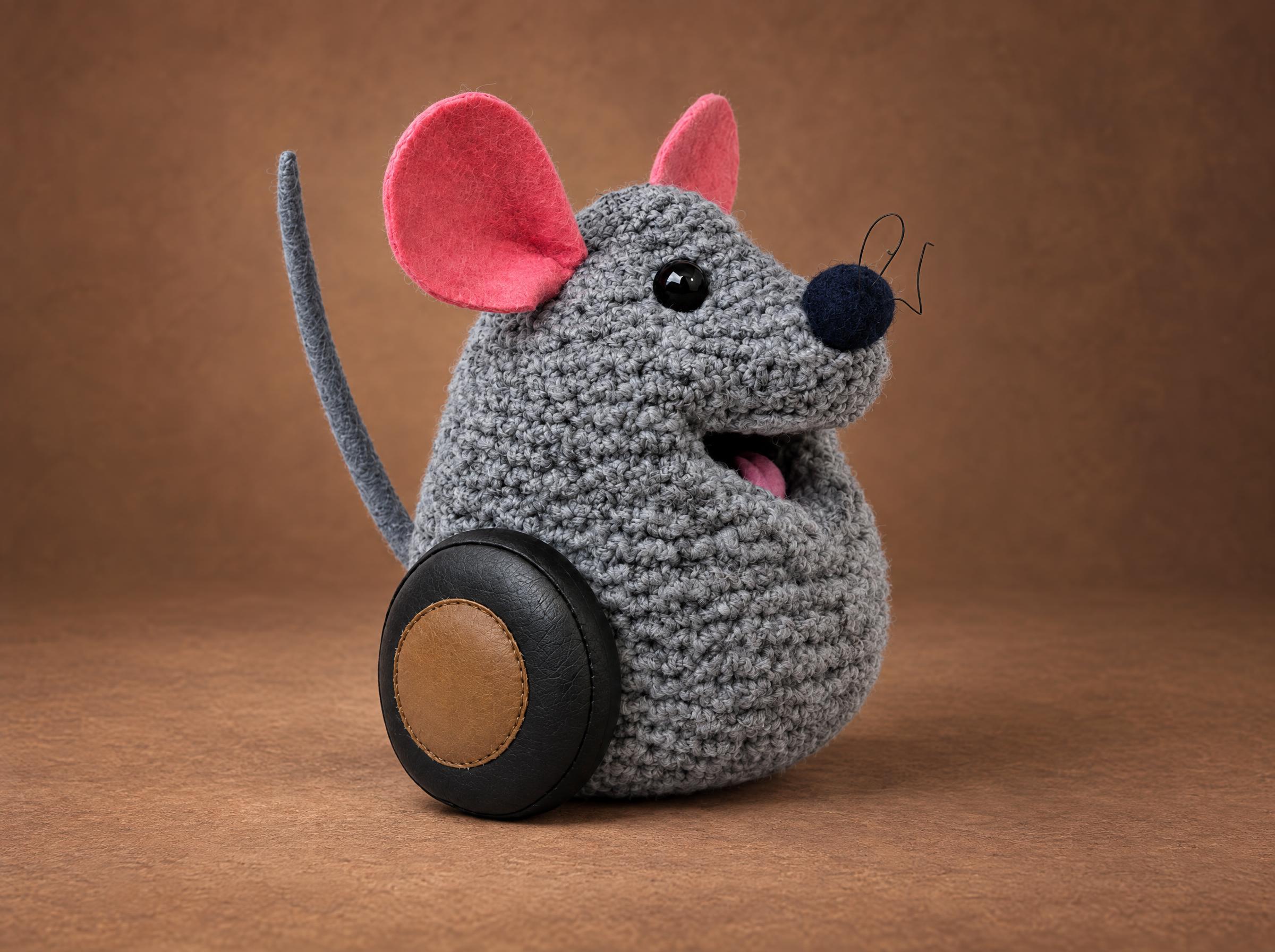 Mew the Christmas Toy mouse, handmade to order: crocheted grey yarn, pink felt ears, black wheel