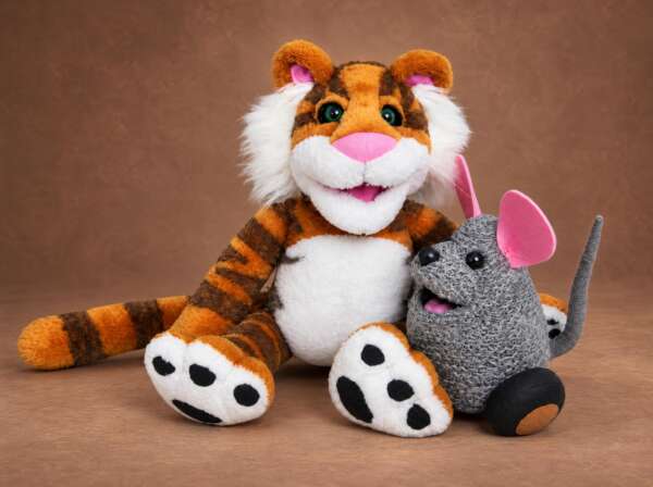 Mew the Christmas Toy plush mouse beside Rugby Tiger, both made to order: soft grey mouse, striped orange fur