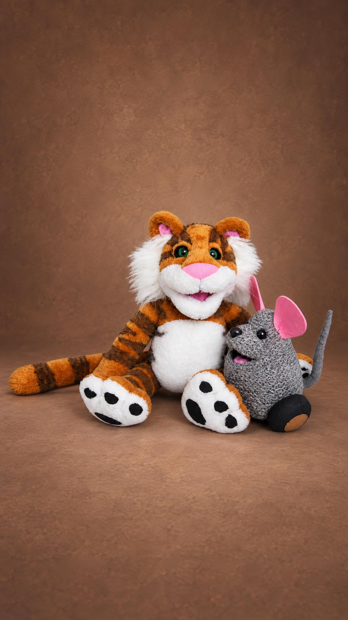 Mew the Christmas Toy plush mouse beside Rugby Tiger, both made to order: soft grey mouse, striped orange fur