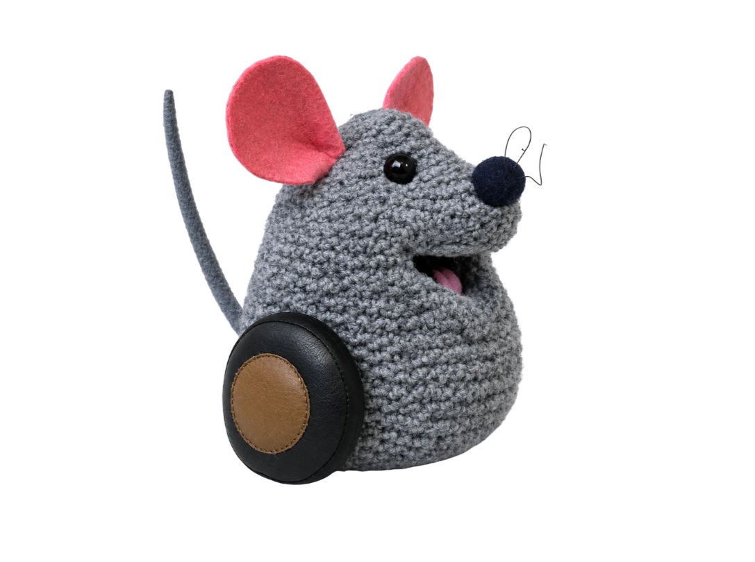 Mew the Christmas Toy mouse, crocheted gray plush with pink felt ears and black wheels