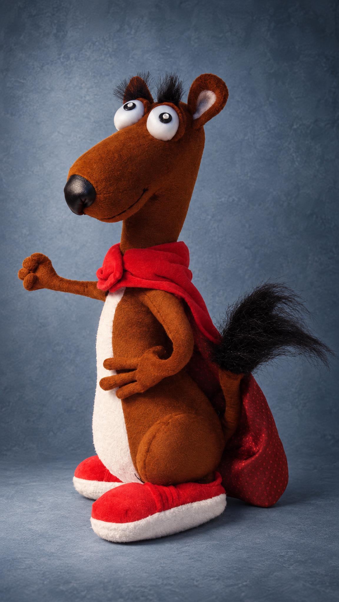 Custom weasel character plush with a bushy tail and red cape, handmade to order from a sketch