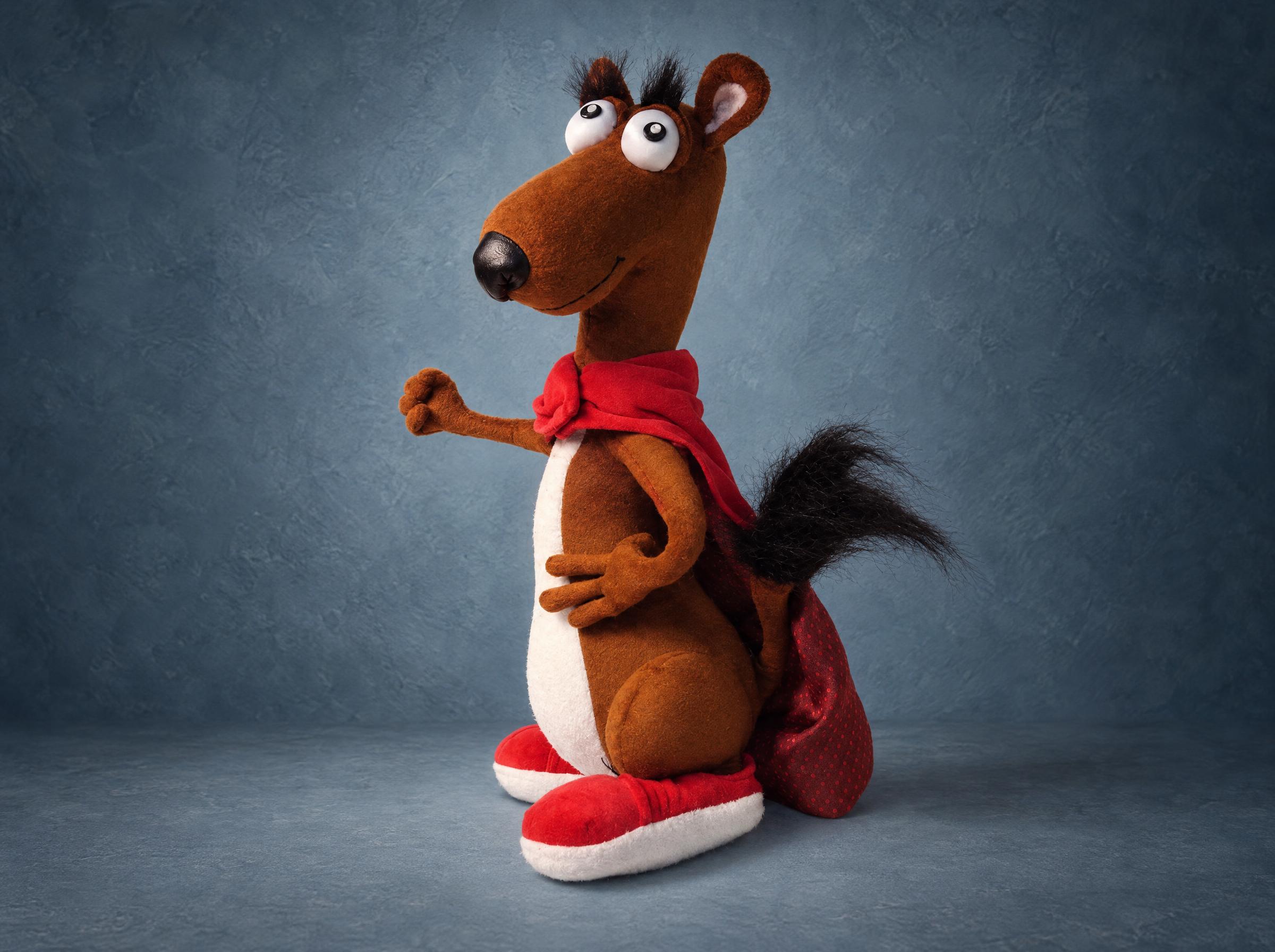 Mighty Weasel plush, bushy tail and red cape Mighty Weasel plush with a bushy dark tail, red cape and red shoes, a custom character toy sewn by hand to order