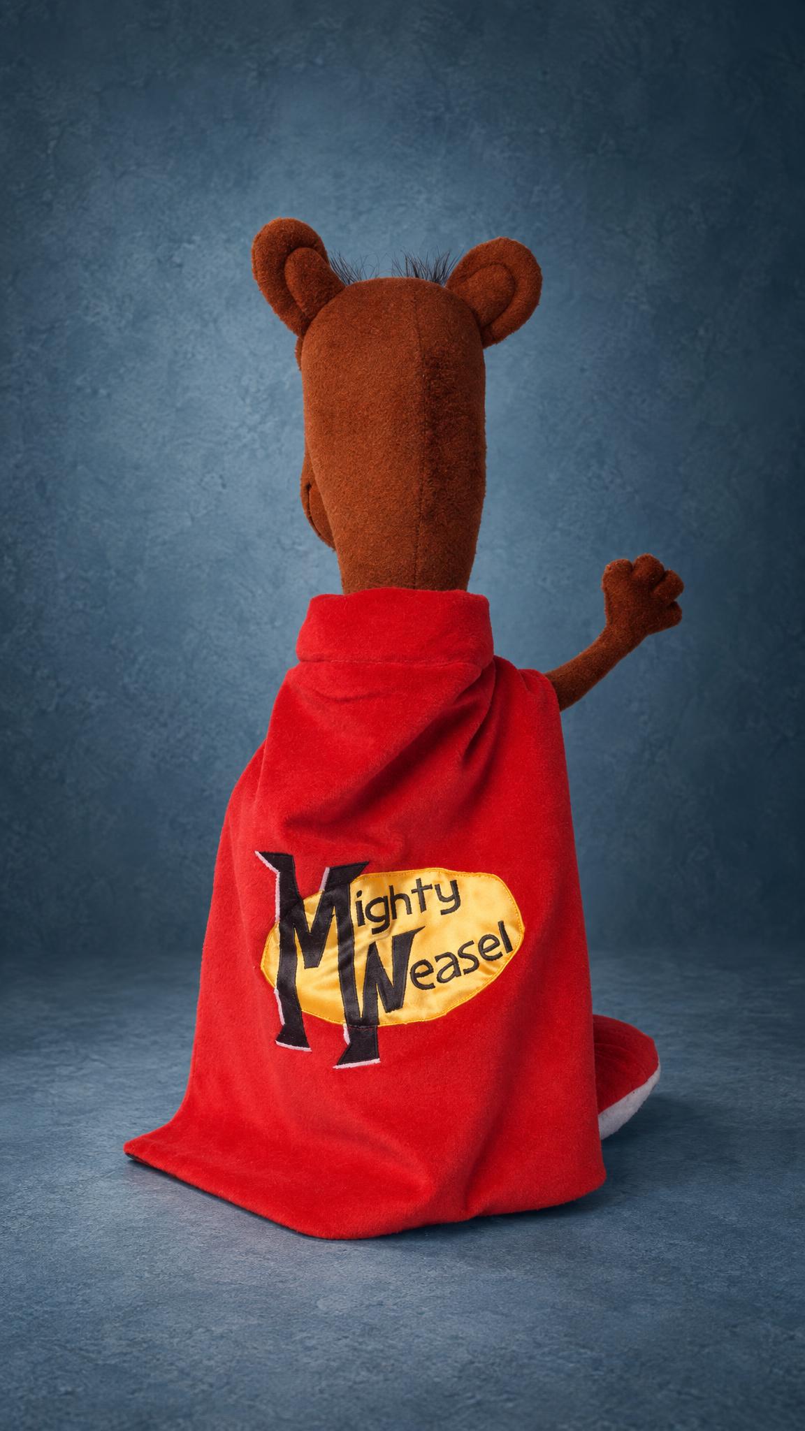 Mighty Weasel plush cape with his name on the back, a custom character toy sewn to order