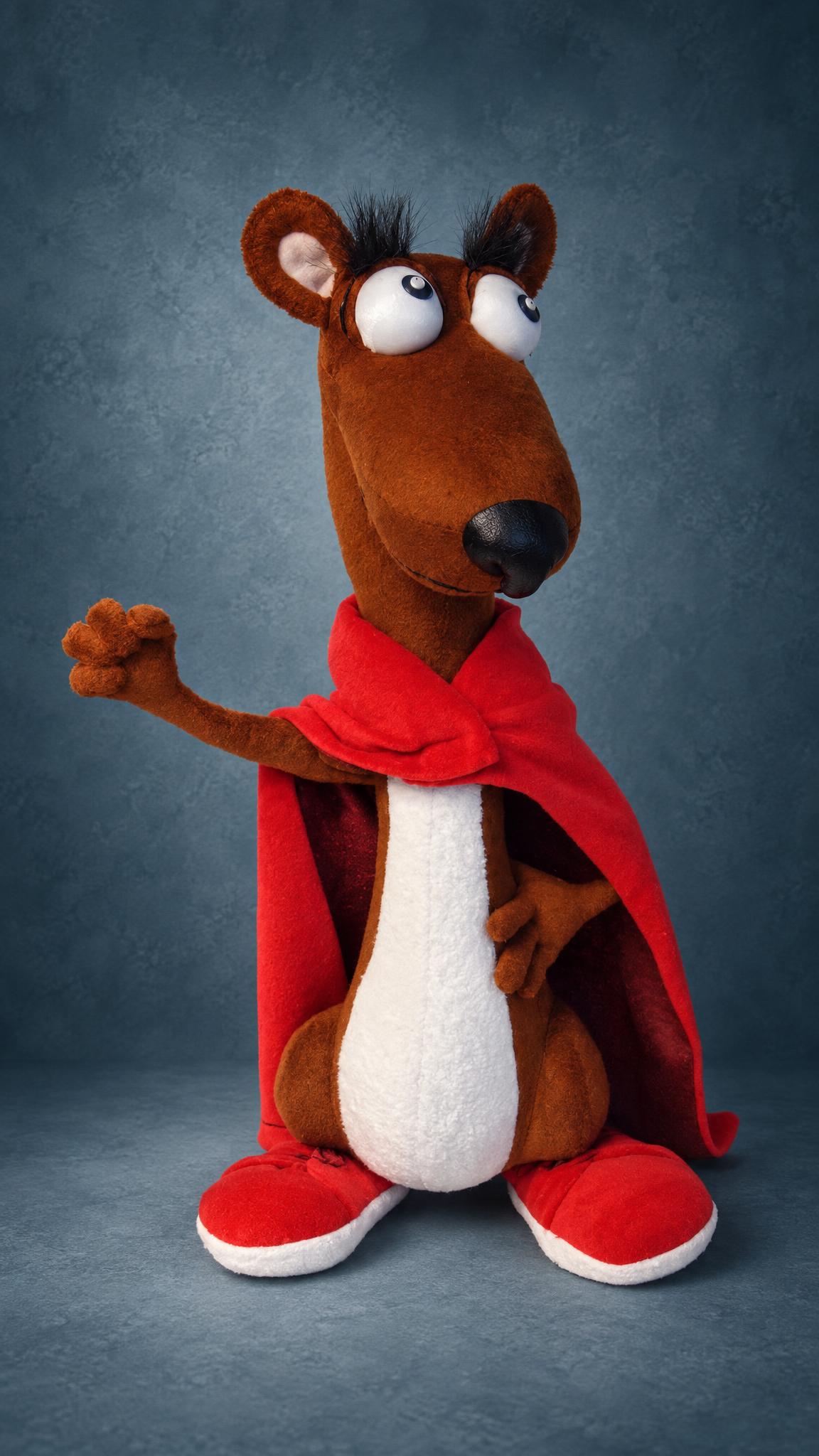Custom OC plush of the Mighty Weasel in a red cape, handmade to order from the customer's sketch