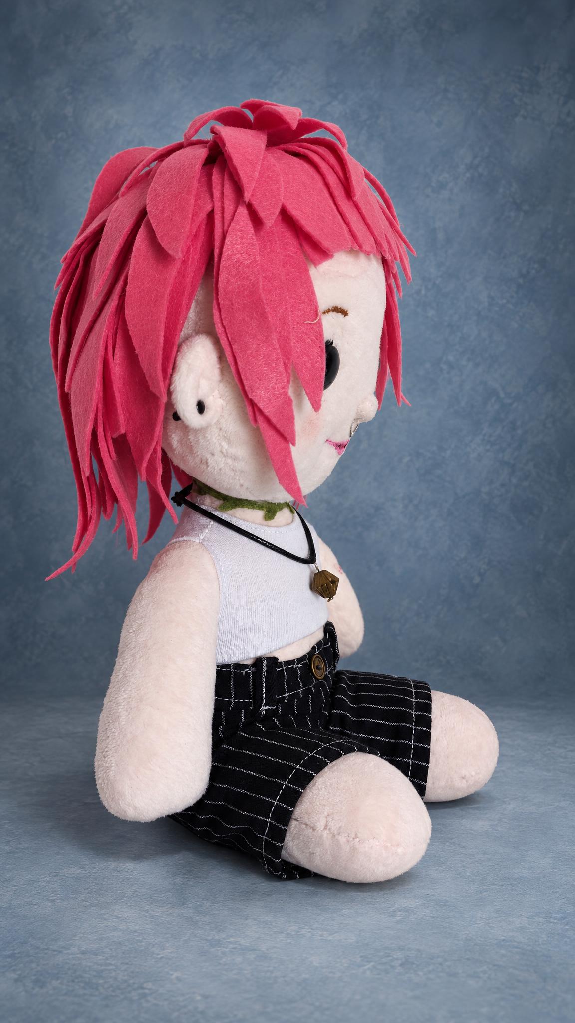 Mini me doll made to order in a long pink felt wig, strands cut and layered by hand, with pinstriped shorts