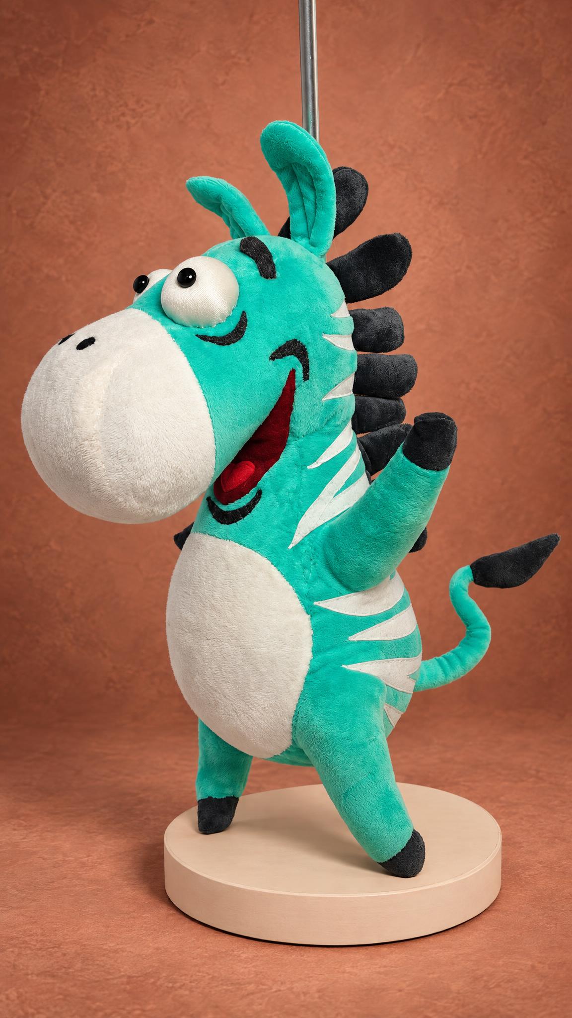 Custom Zebra Plush From a Telegram Sticker Custom zebra plush from a Telegram sticker, handmade to order with a red grin, satin eyes and a raised hoof