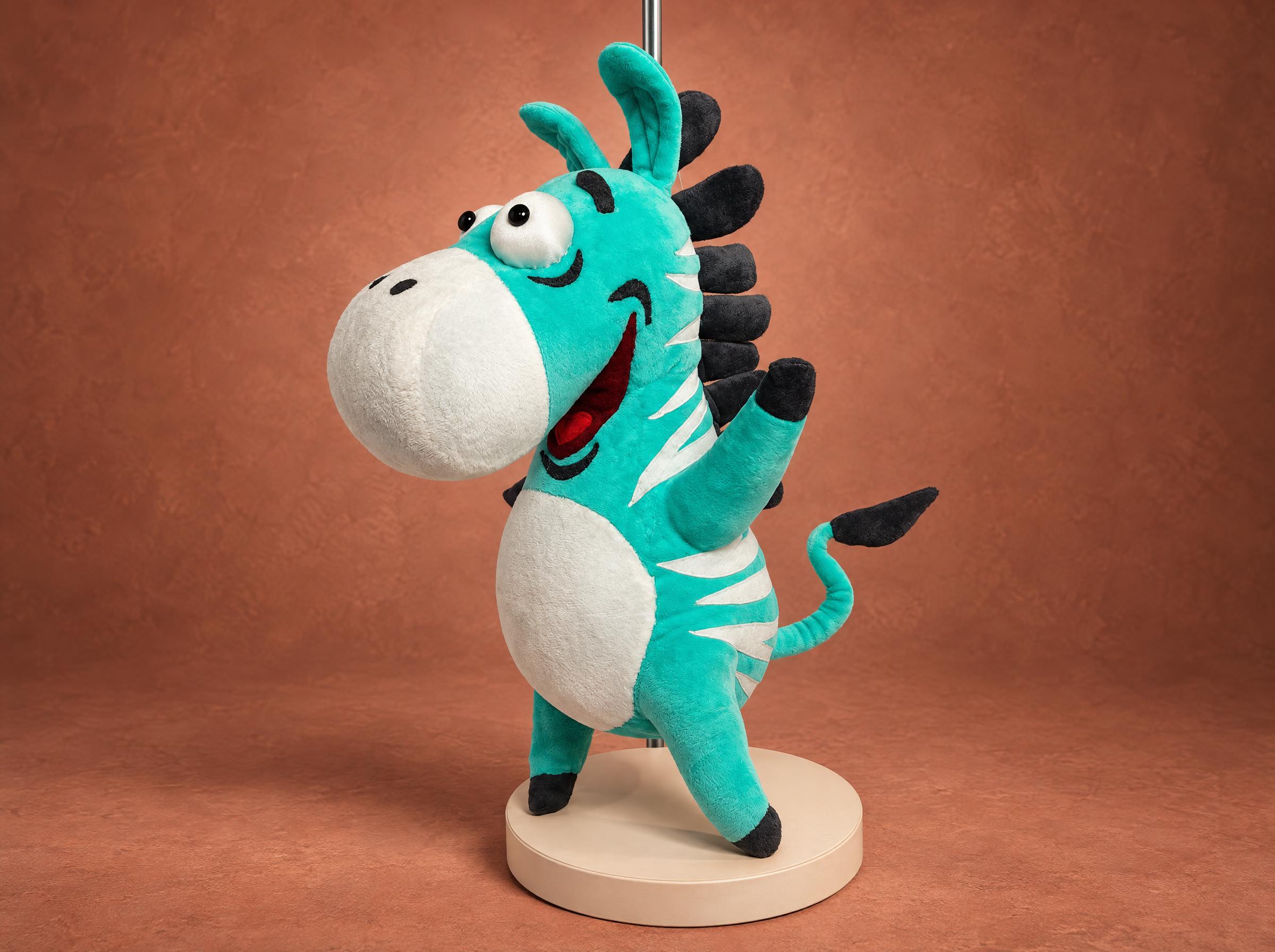 Mint zebra plush made to order from a Telegram sticker, waving a hoof, cream stripes and a charcoal mane