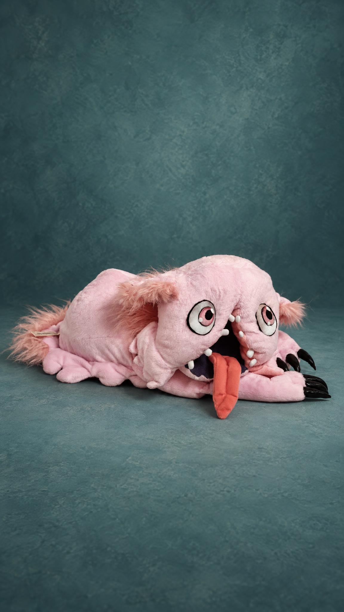 Mitty plush, the Made in Abyss Hollow, handmade to order and lying flat with her pink fur tail fringe