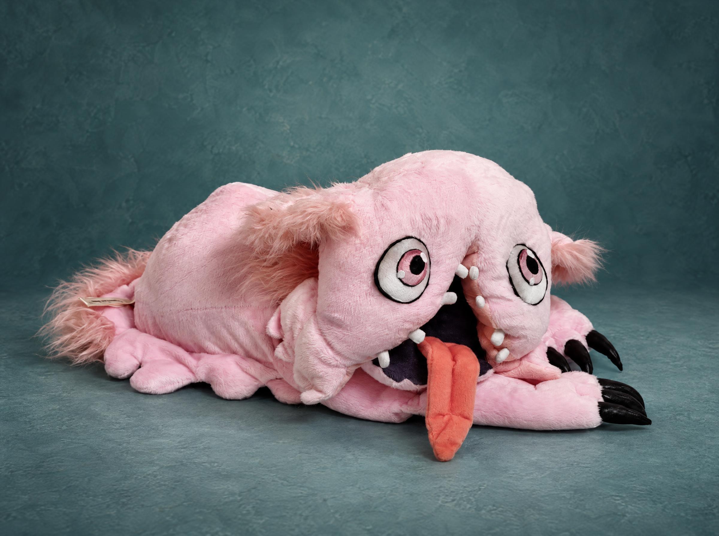 Mitty Hollow Plush Lying Down, Made in Abyss Fan Piece Mitty plush, the Made in Abyss Hollow, handmade to order and lying flat with her pink fur tail fringe