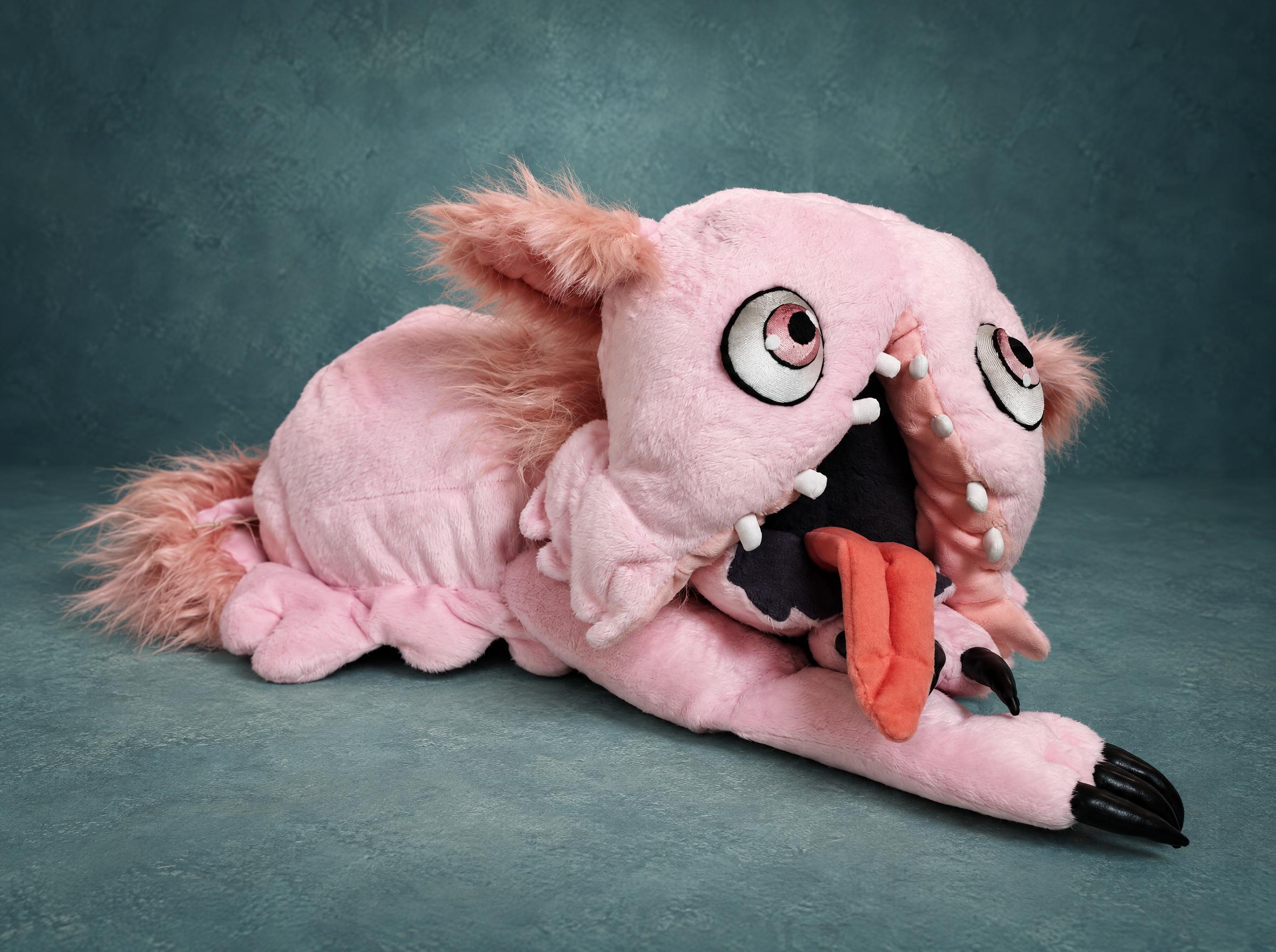 Mitty Plushie Reaching Out a Paw, Handmade to Order Mitty plushie from Made in Abyss, made to order, stretching one pink paw forward with glossy black claws