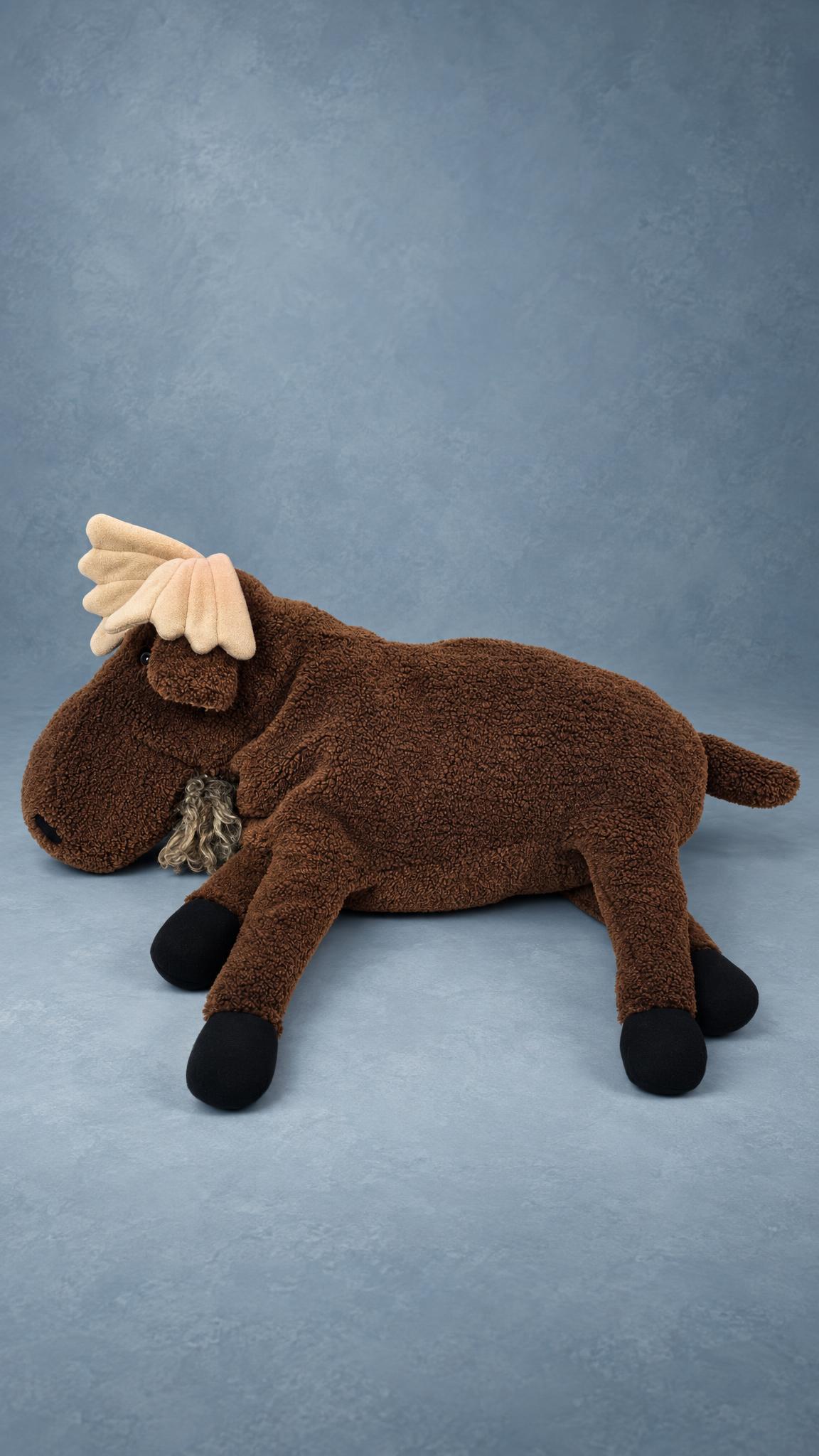 Moose plush, handmade to order Moose plush made to order: lying brown moose with curly fur, beige antlers and a shaggy beard, sewn by hand