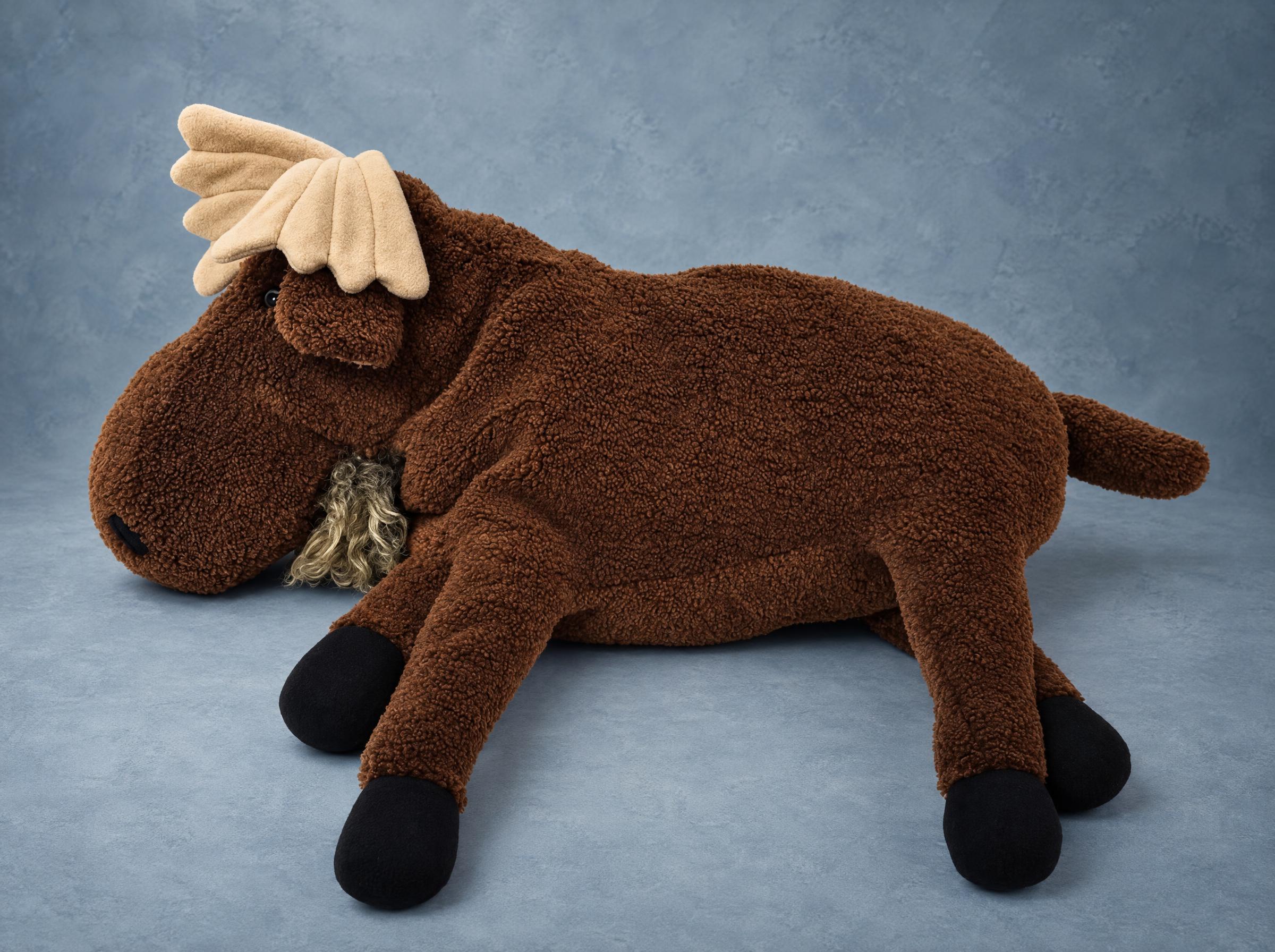Moose plush made to order: lying brown moose with curly fur, beige antlers and a shaggy beard, sewn by hand