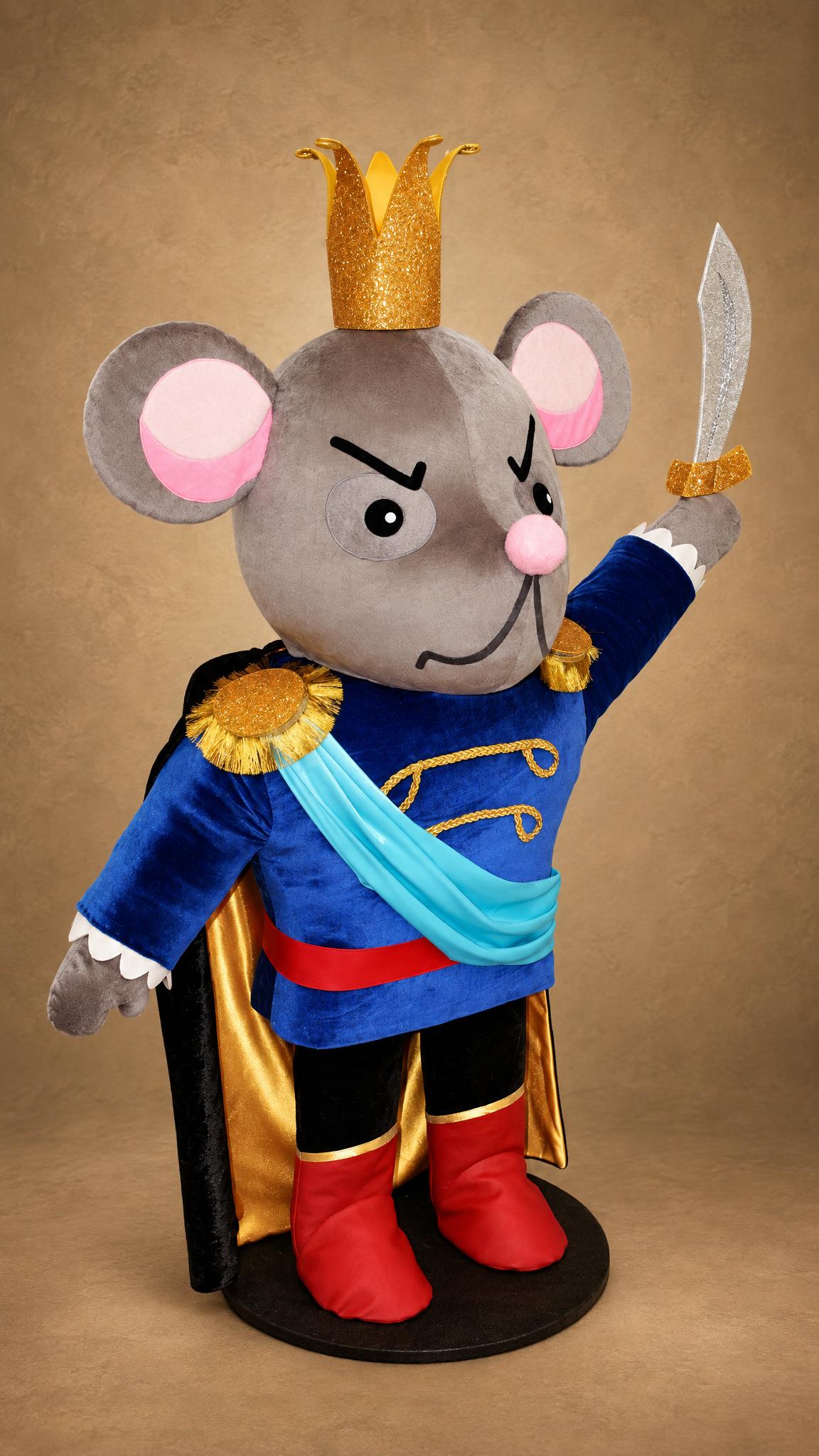 Mouse King plush figure sewn to order: grey mouse in a blue velvet jacket, gold crown and a raised silver sabre