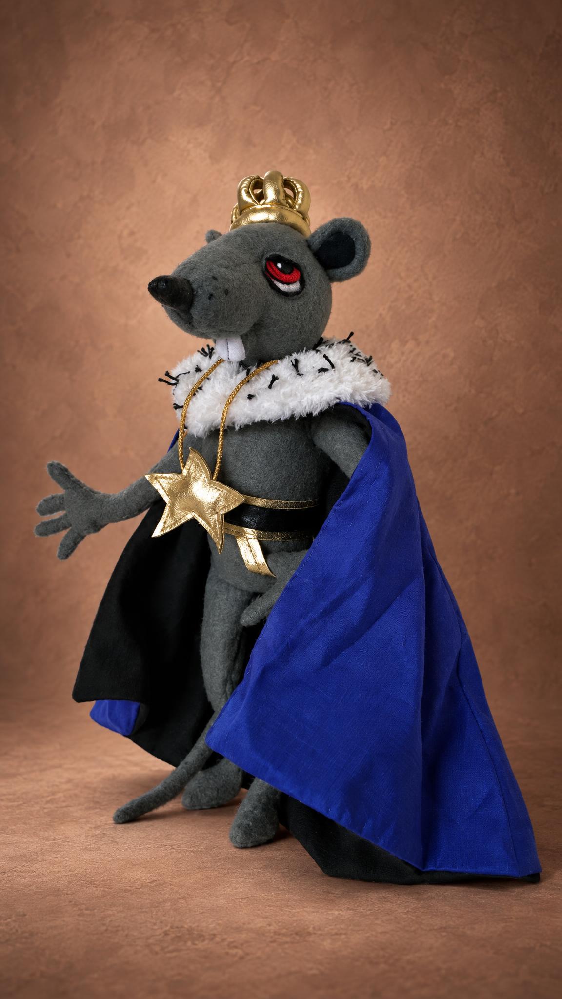 Custom Mouse King plush from The Nutcracker, gold crown and blue cape, handmade to order