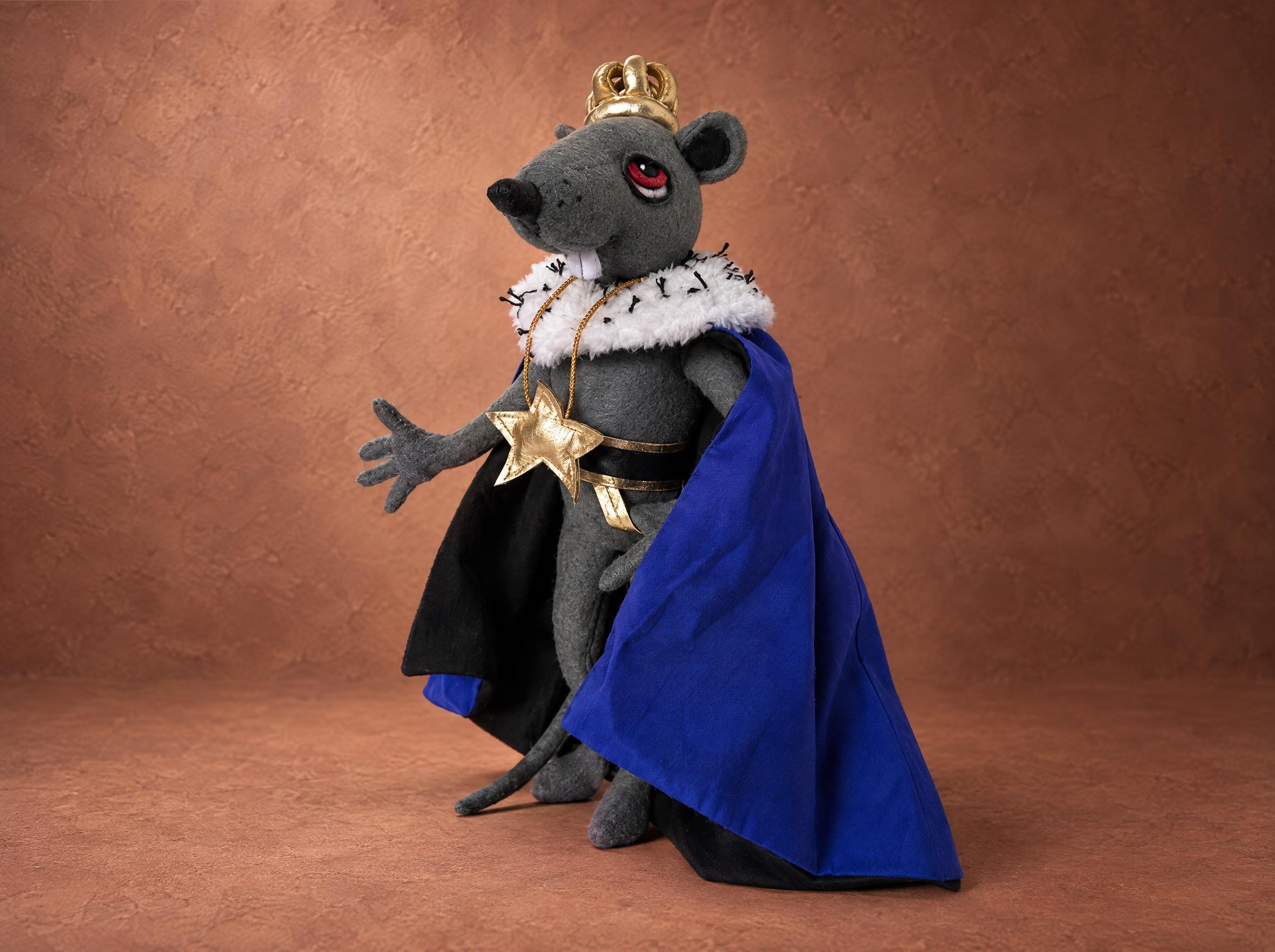 Mouse King plush from The Nutcracker in a gold crown and blue royal cape with a star medallion, sewn to order
