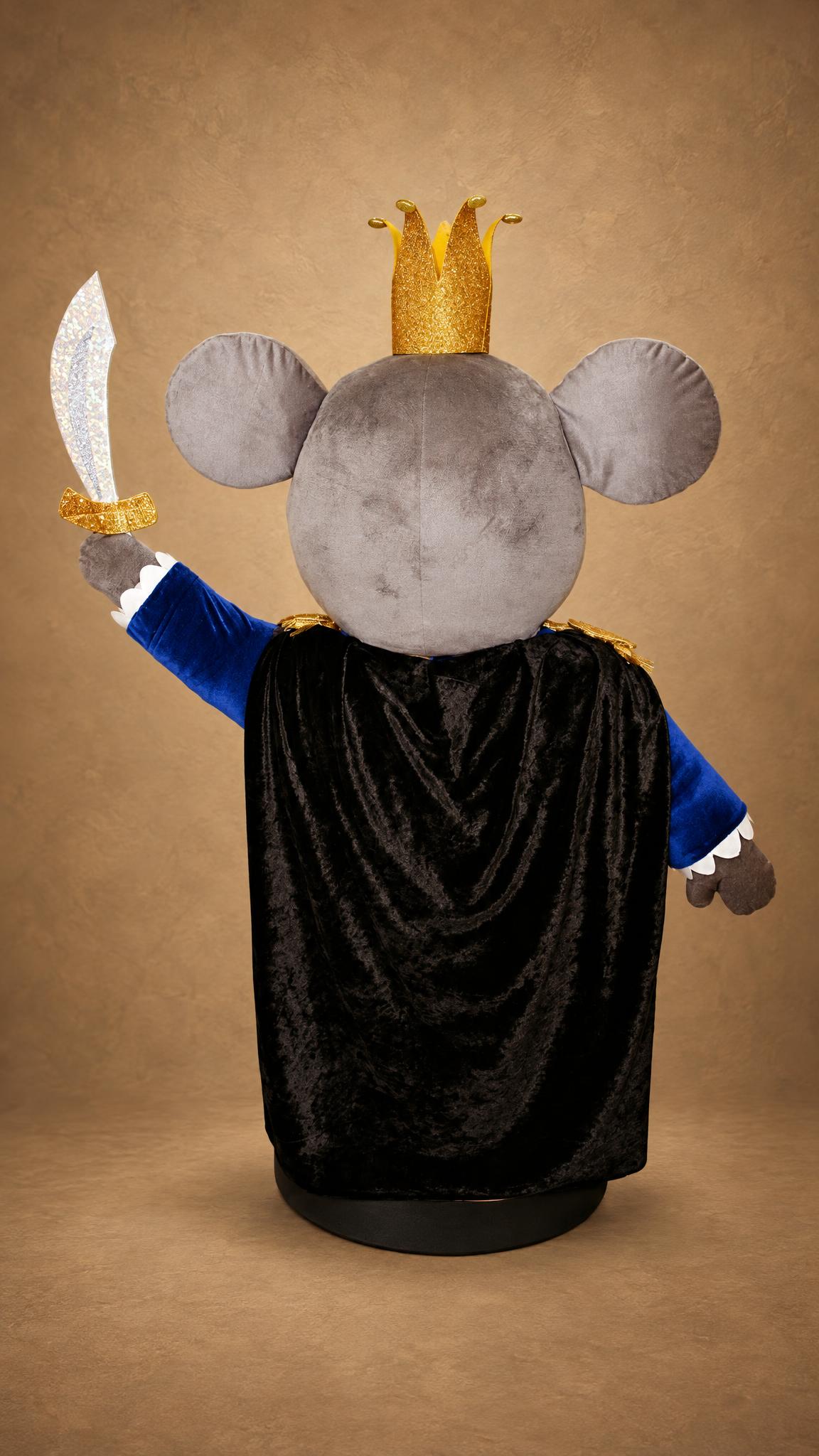 Custom Mouse King plush with a black crushed-velvet cape, gold crown and glitter sabre, made to order for Christmas