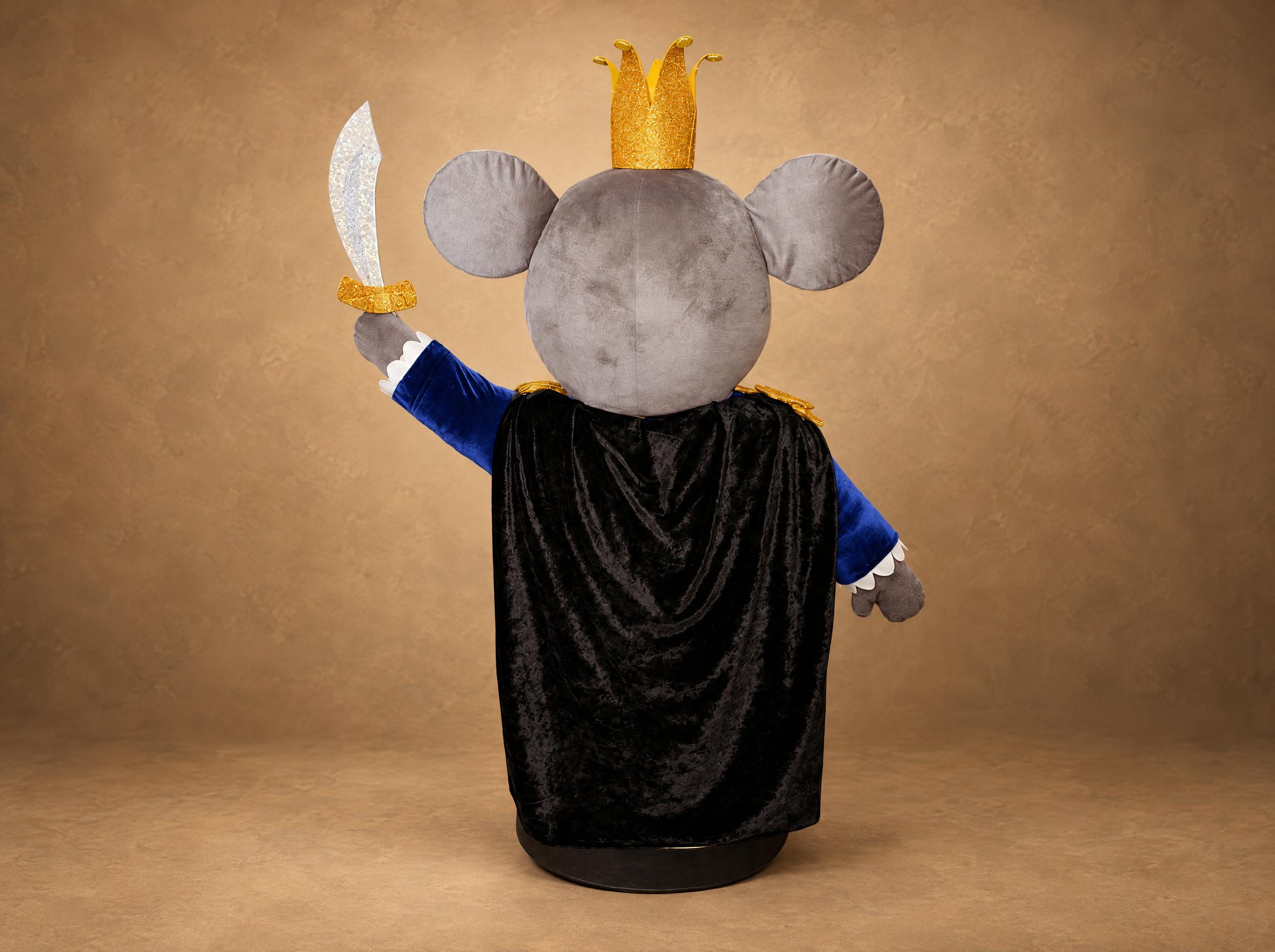 Custom Mouse King plush with a velvet cape Custom Mouse King plush with a black crushed-velvet cape, gold crown and glitter sabre, made to order for Christmas