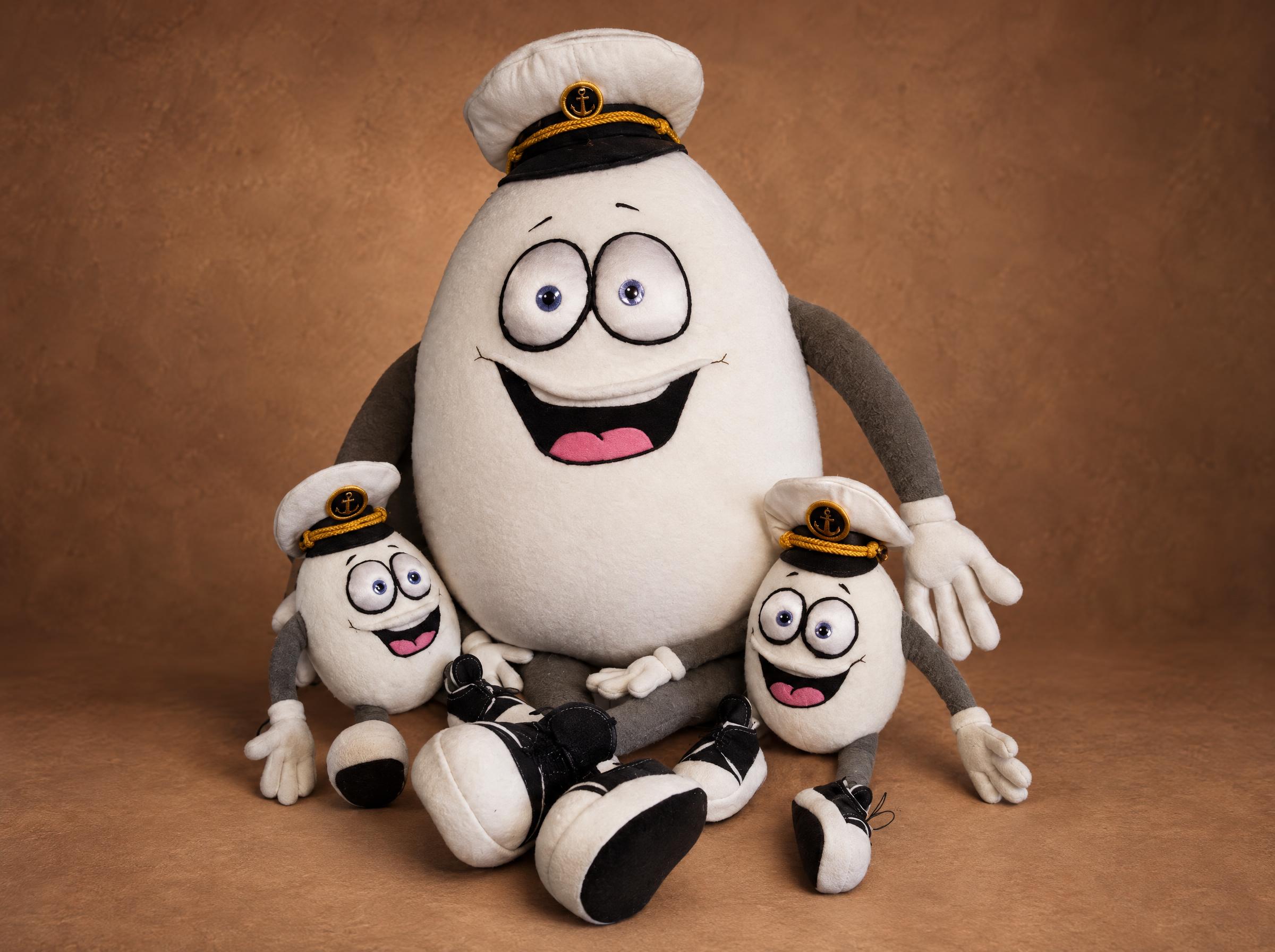 Custom Mr. Egg plush toys, a big egg and two small ones in white captain caps, handmade to order