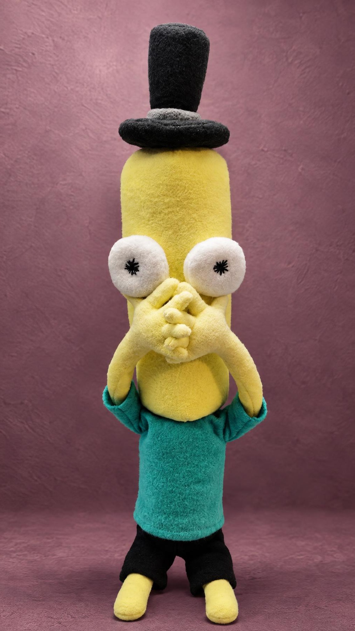Mr. Poopybutthole plush with his yellow hands clasped, a Rick and Morty fan plush sewn to order