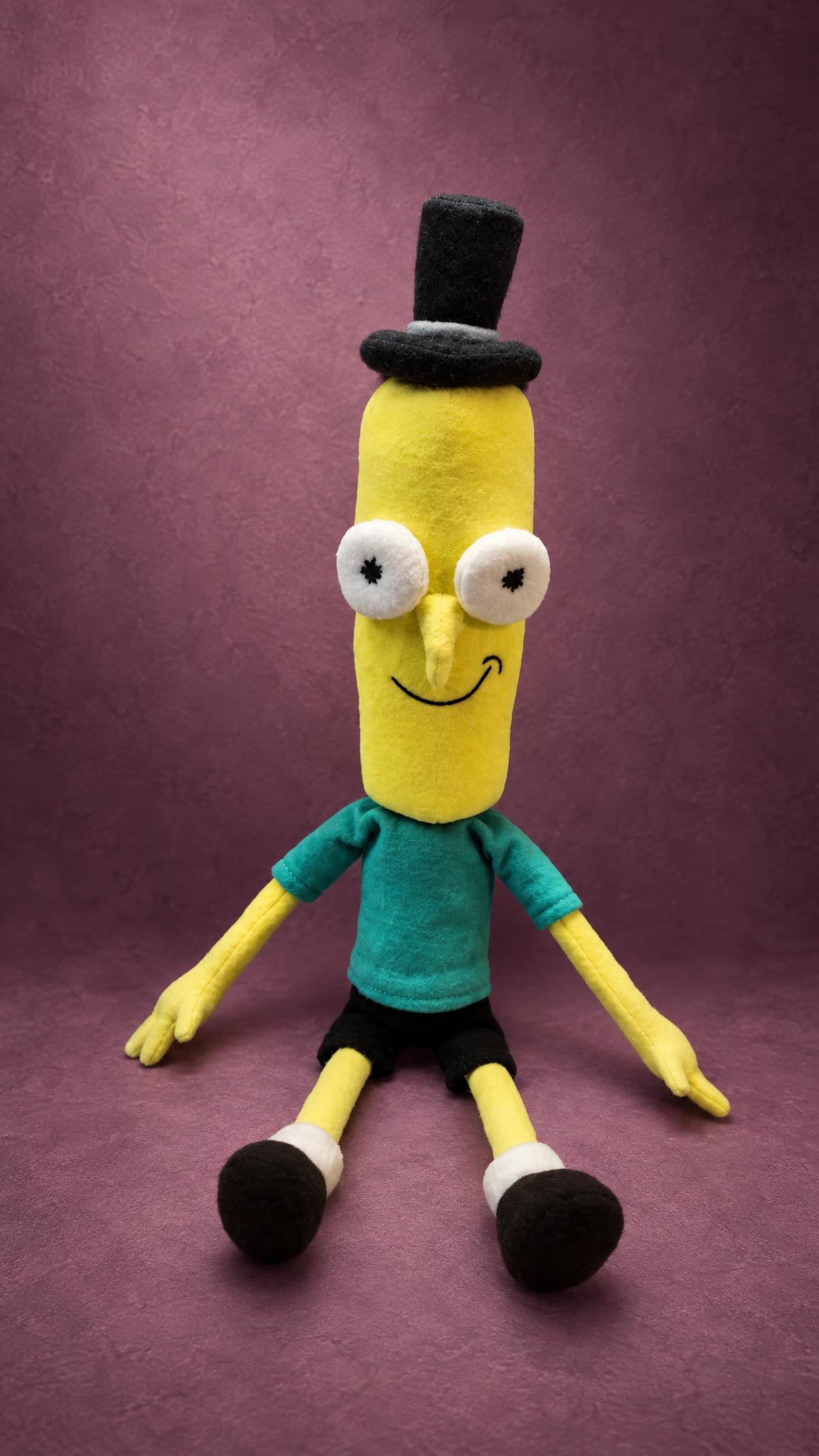 Custom Mr. Poopybutthole plush from Rick and Morty in a teal shirt and top hat, made to order