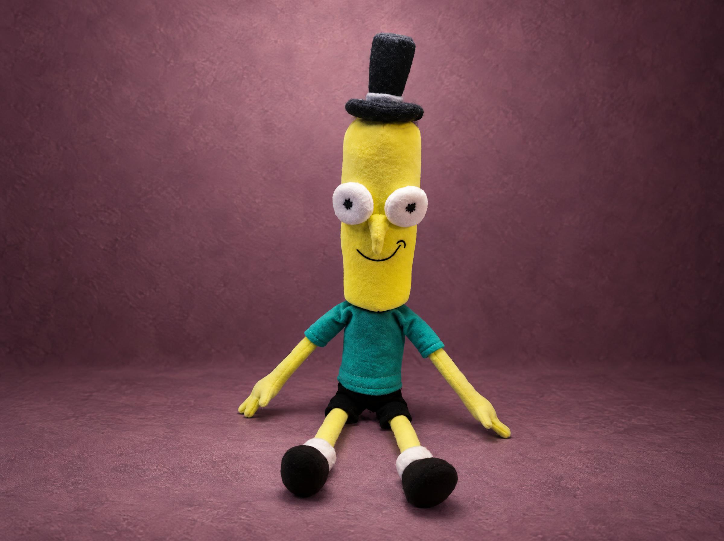 Mr. Poopybutthole plush from Rick and Morty in his teal shirt and black top hat, sewn by hand to order
