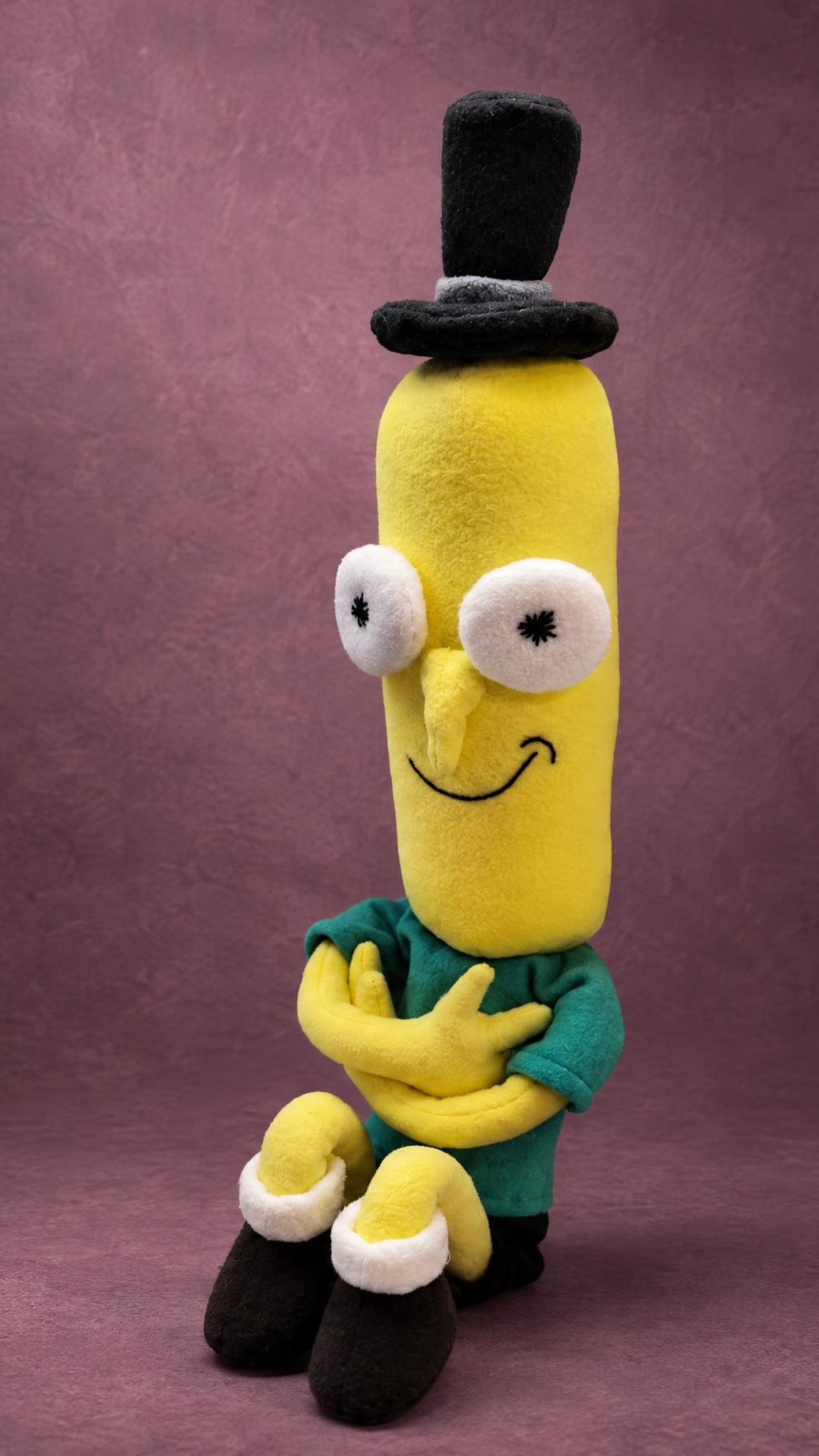 Mr. Poopybutthole plush sitting with arms crossed, a custom Rick and Morty soft toy made to order