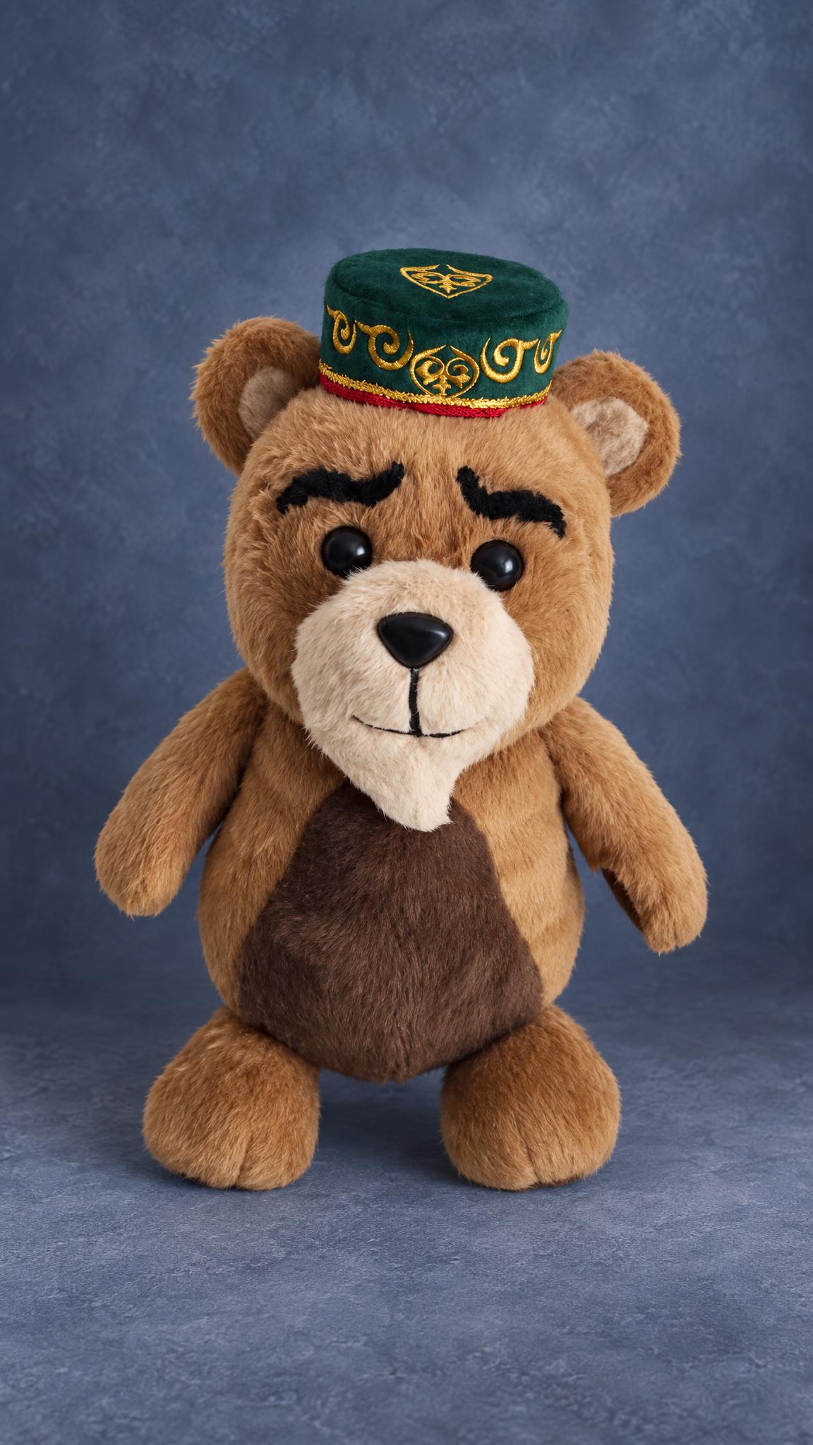 Muslim teddy bear plush in faux fur with a gold-embroidered green skullcap, handmade to order as a sample