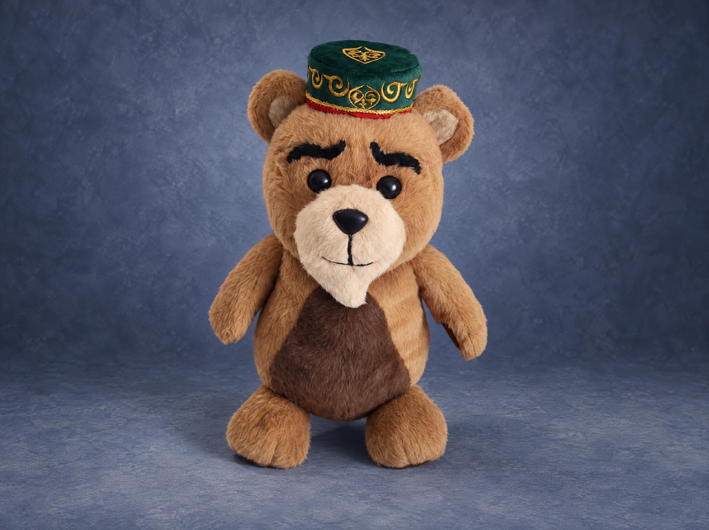 Muslim teddy bear plush in a skullcap Muslim teddy bear plush in faux fur with a gold-embroidered green skullcap, handmade to order as a sample