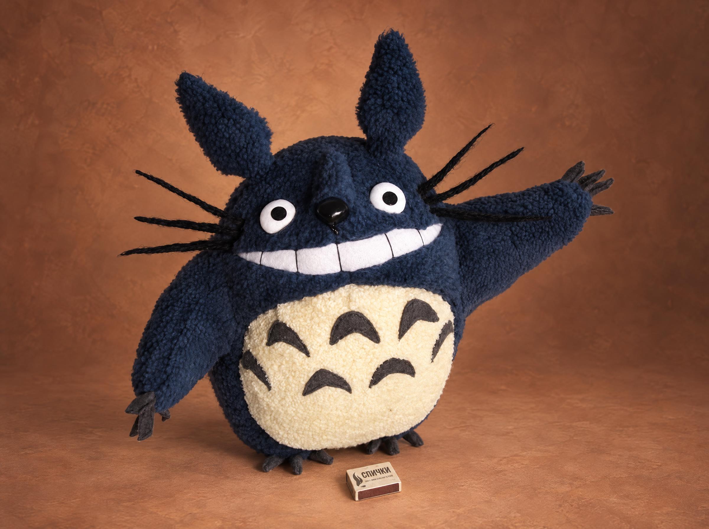 Navy Blue Totoro Plush, One of Our First, 2009 Navy blue Totoro plush, one of our first handmade toys, 2009: curly navy fleece, a white grin, cream belly