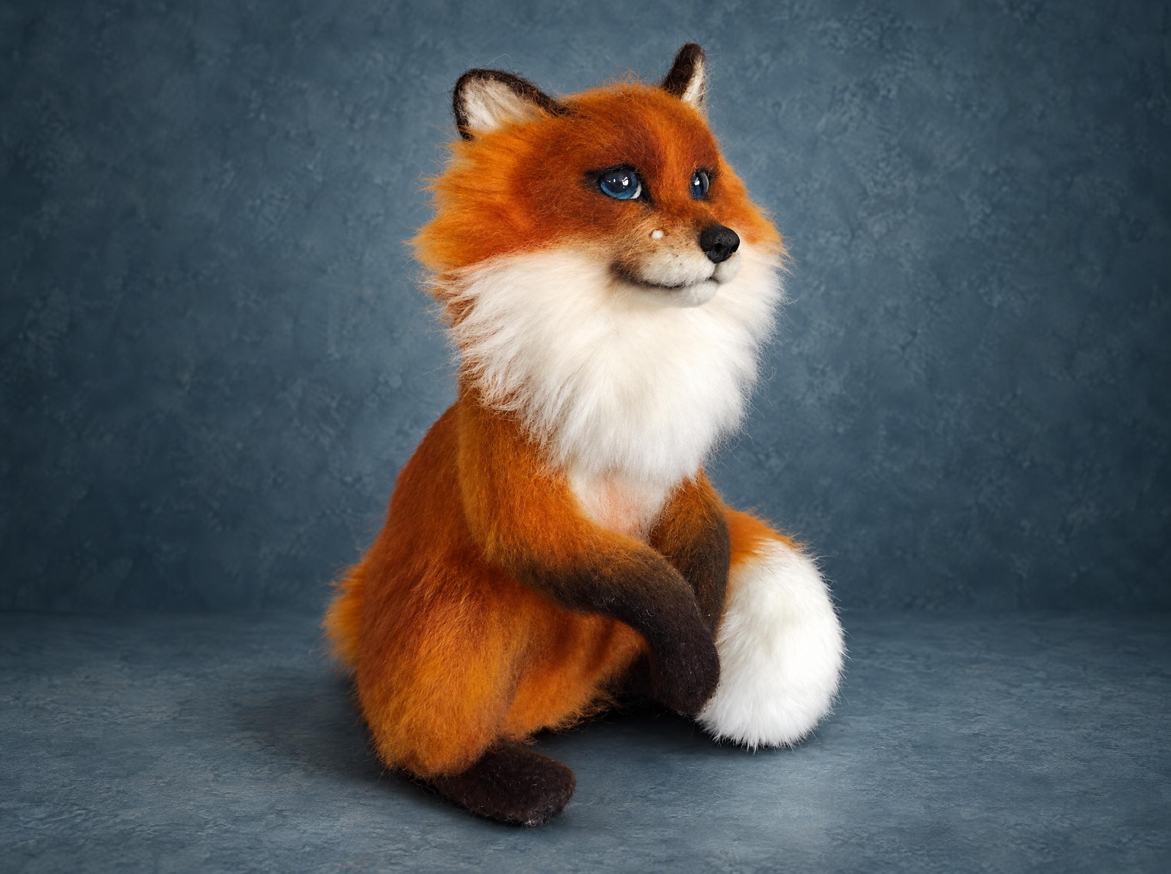 Needle Felted Fox with a Beauty Mark, Made to Order Realistic needle felted fox, made to order: ginger wool coat, white ruff, blue eyes and a tiny beauty mark