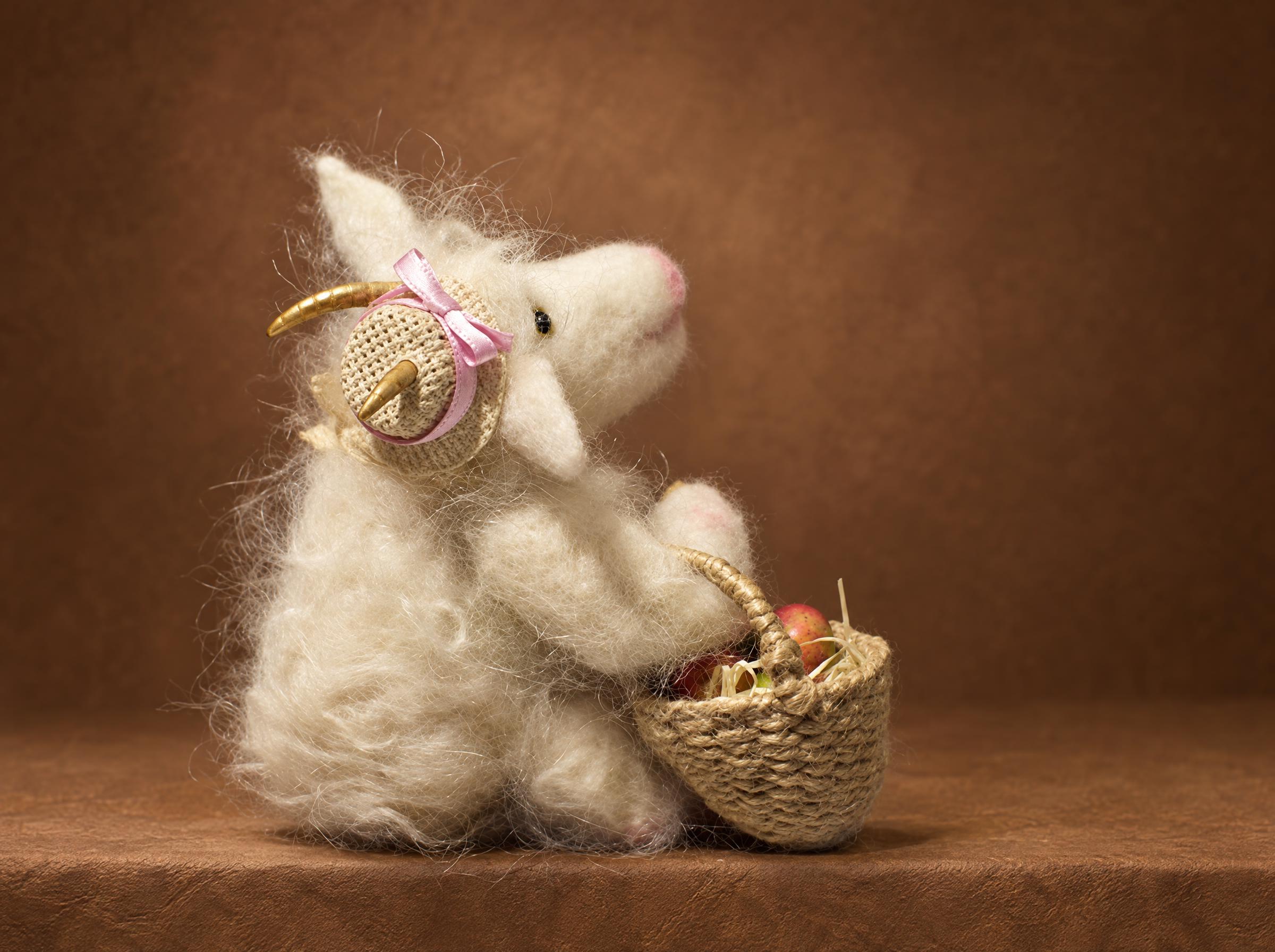 Needle Felted Goat, Handmade Straw Hat and Pink Bow Needle felted goat plush made to order, woven straw hat with a pink bow, golden horns and fluffy white wool coat