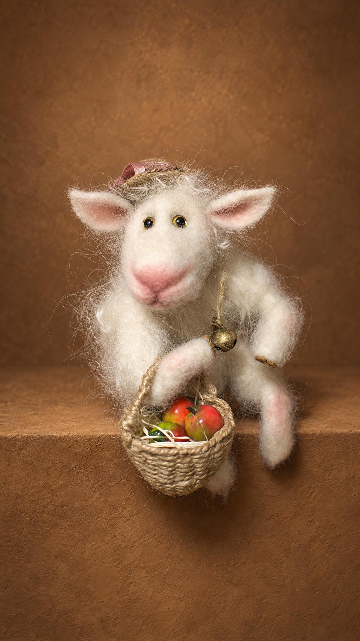 Custom Felted Wool Goat, Handmade to Order Custom felted wool goat, handmade to order, sitting on a ledge with a jute basket and a brass bell on twine